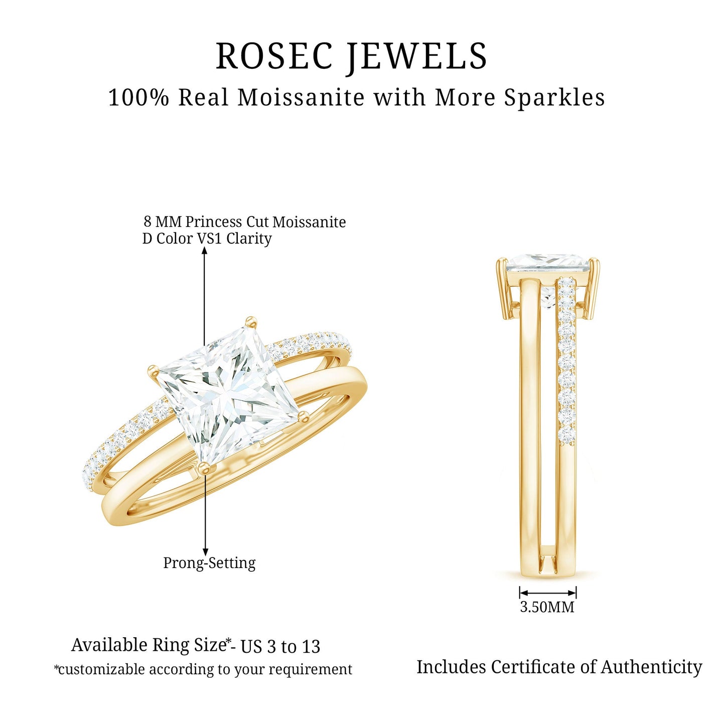 3 Carat Princess Cut Moissanite Double Band Engagement Ring