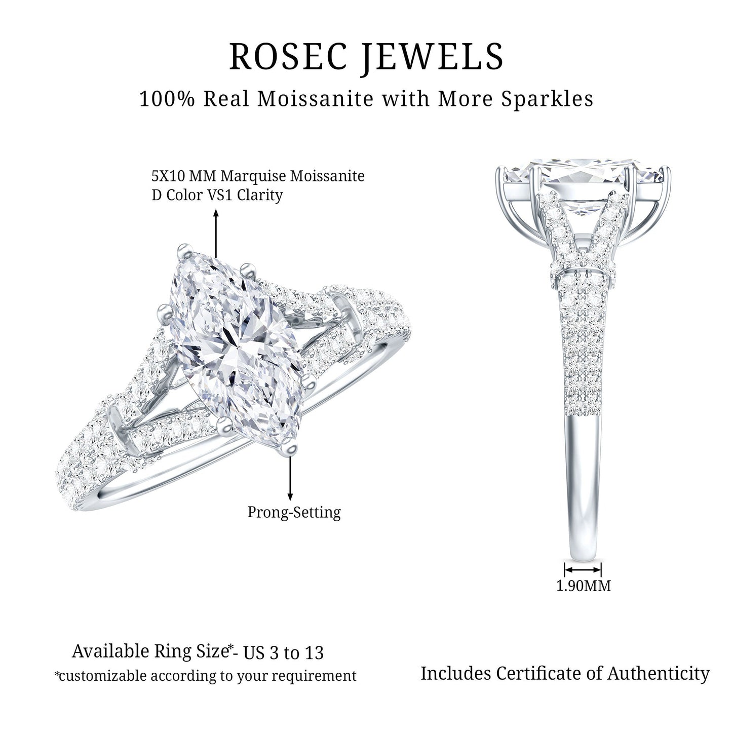 Marquise Cut Moissanite Solitaire Engagement Ring in Split Shank