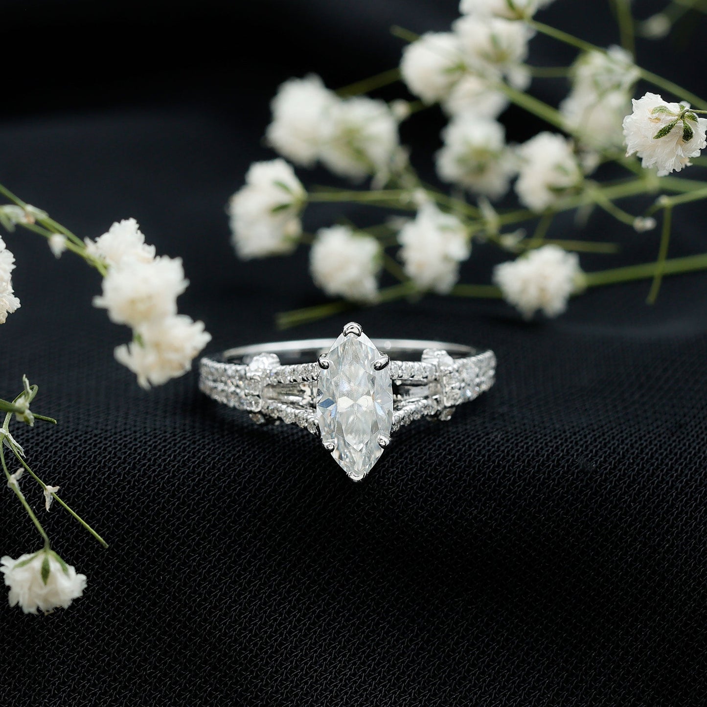 Marquise Cut Moissanite Solitaire Engagement Ring in Split Shank