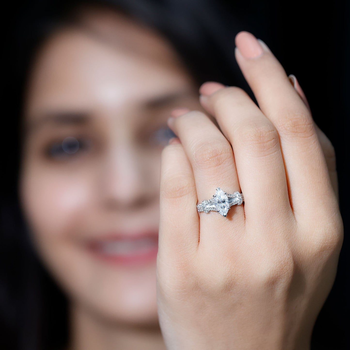 Marquise Cut Moissanite Solitaire Engagement Ring in Split Shank