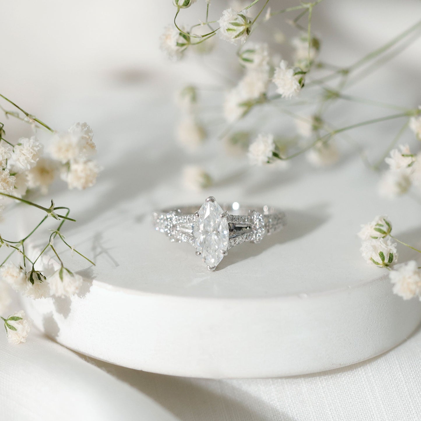 Marquise Cut Moissanite Solitaire Engagement Ring in Split Shank