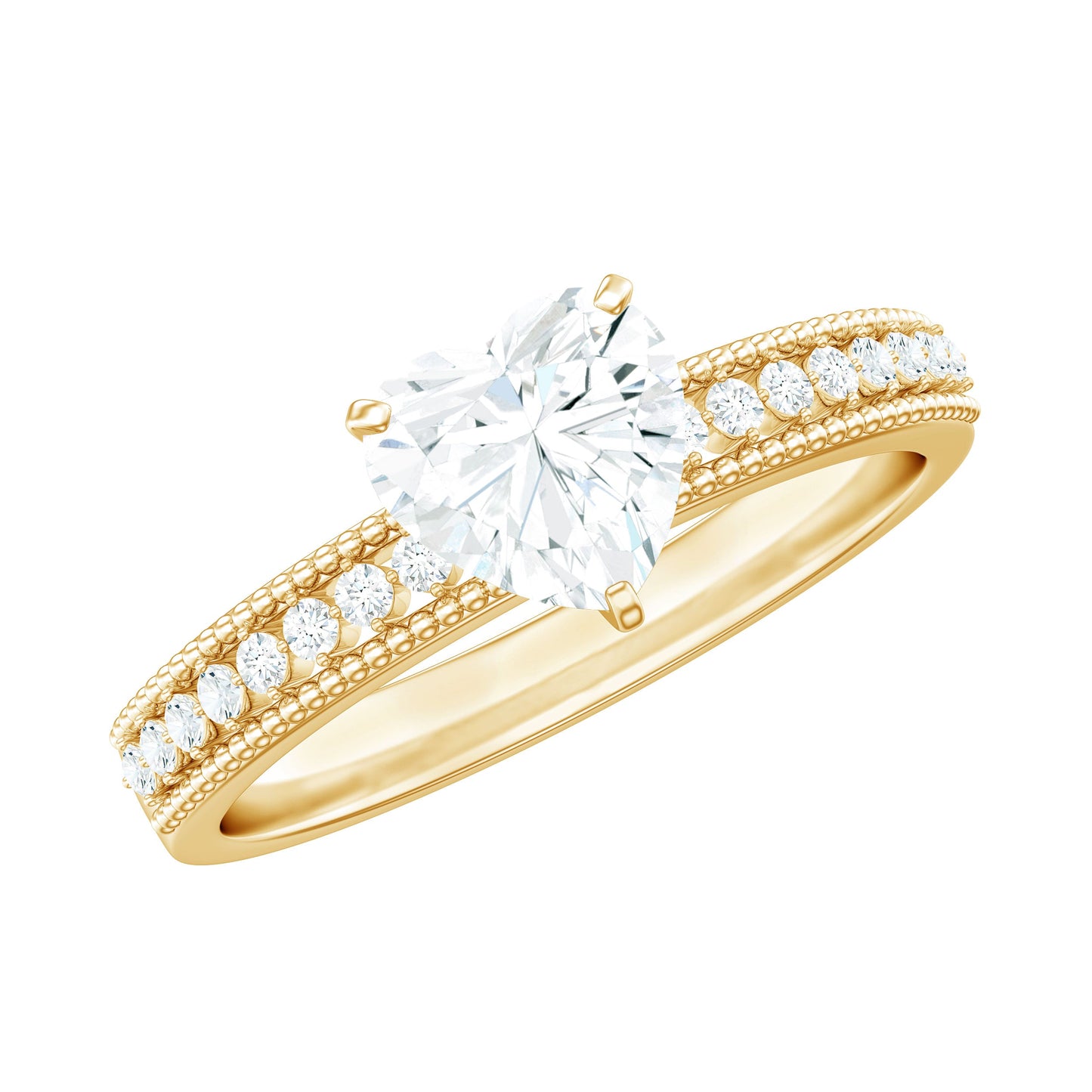 1.5 Carat Heart Shape Moissanite Engagement Ring with Side Stones and Beaded Details