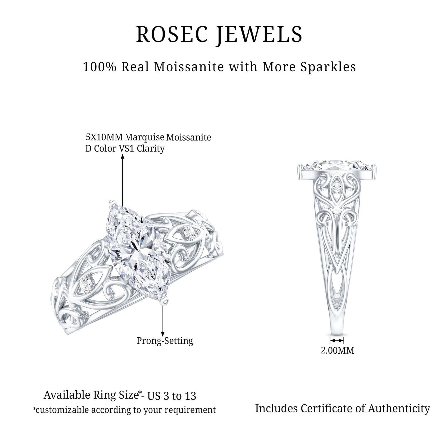 Marquise Moissanite Engagement Ring With Certificate