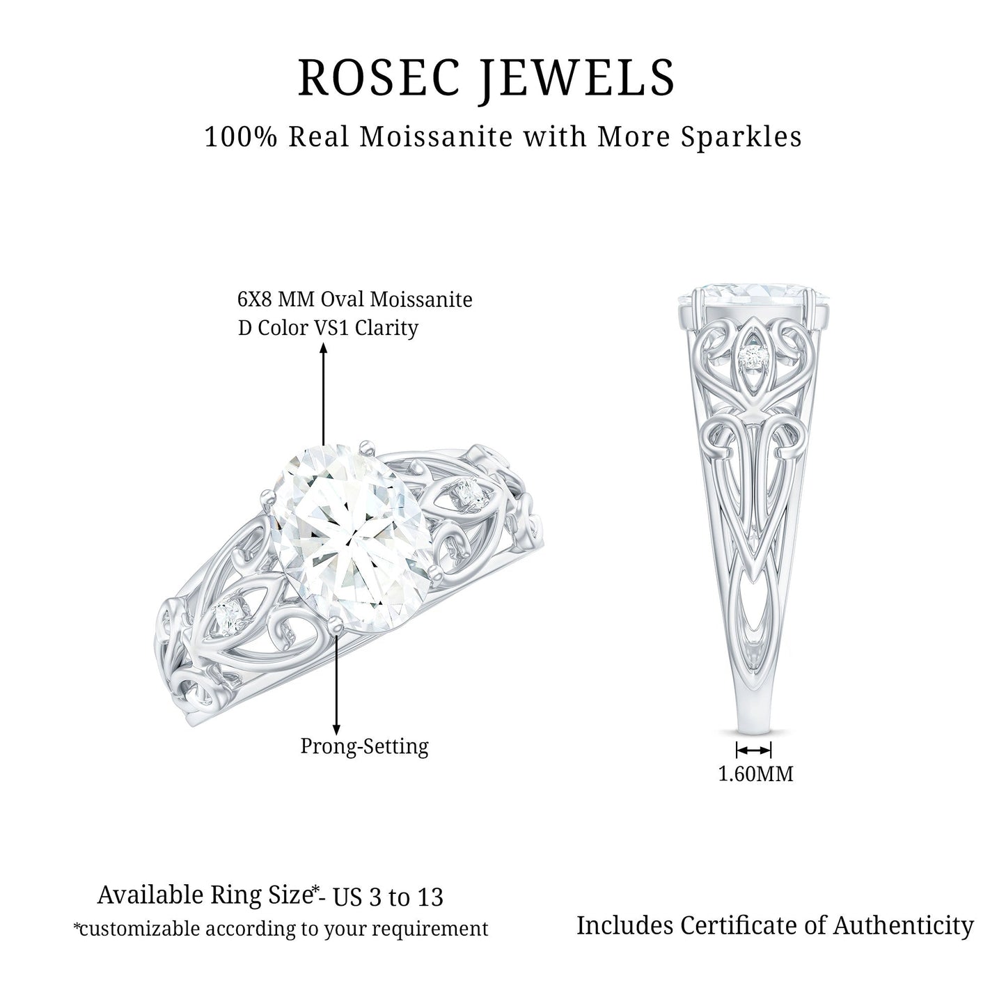 1.2 Carat Oval Cut Vintage Inspired Moissanite Filigree Engagement Ring