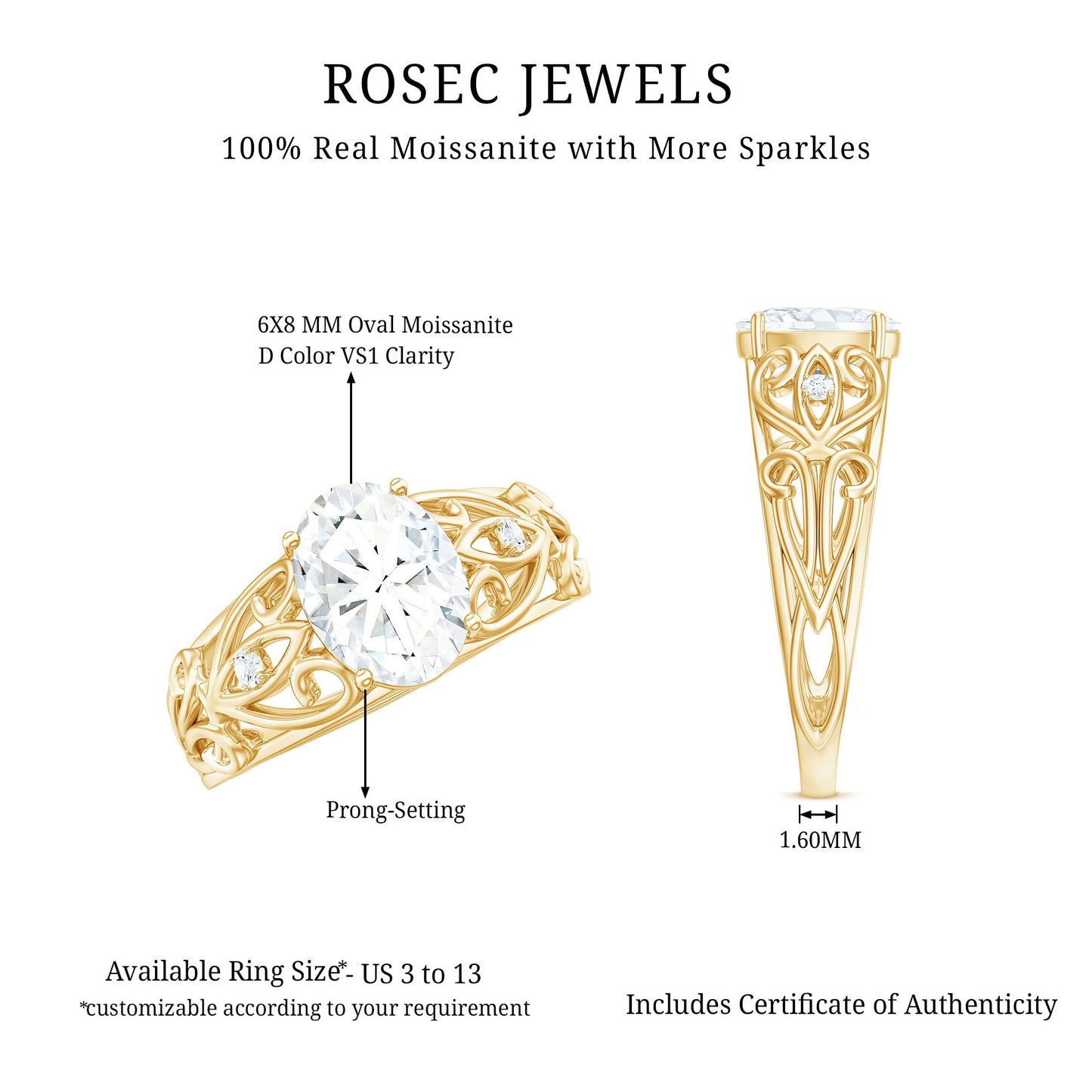 1.2 Carat Oval Cut Vintage Inspired Moissanite Filigree Engagement Ring