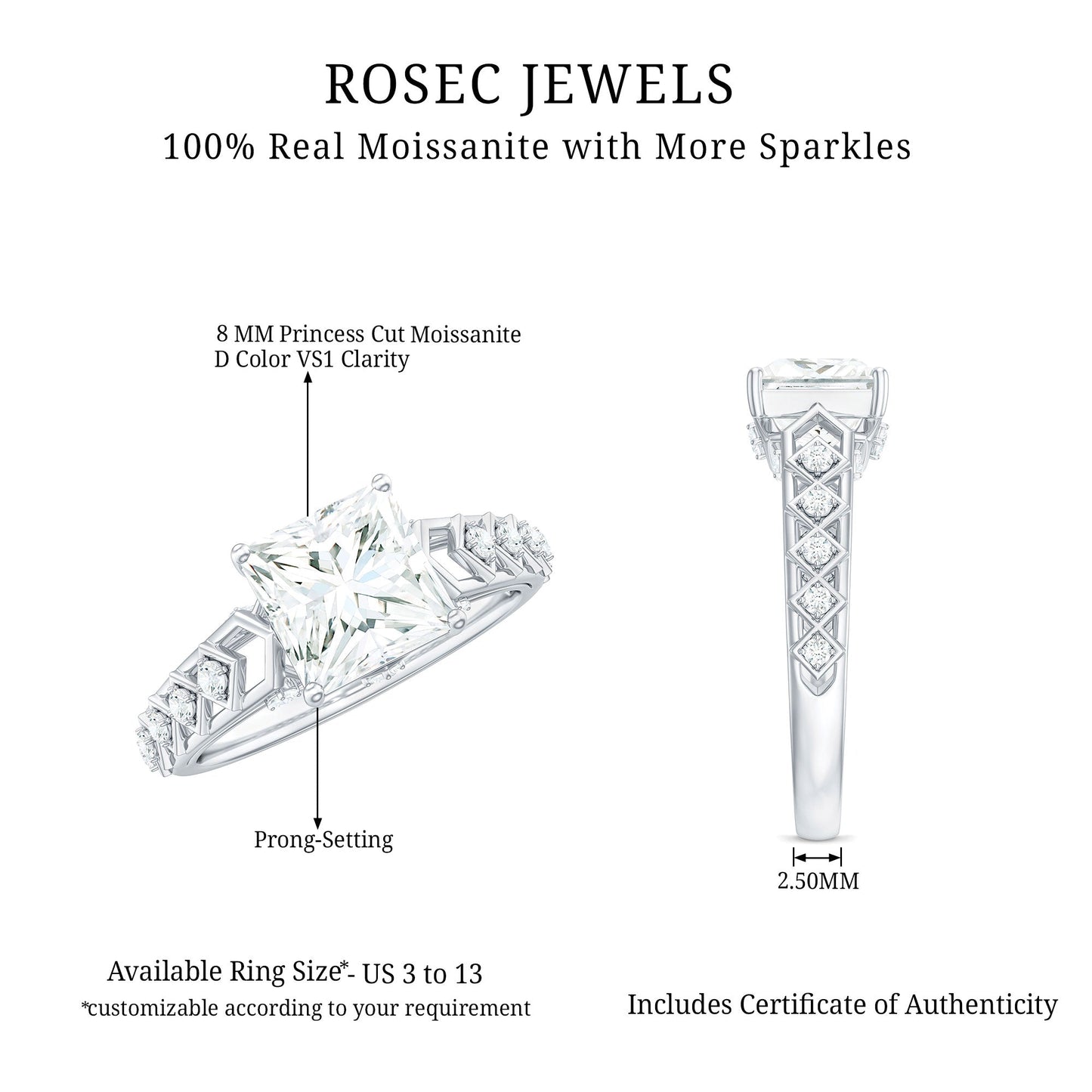 3 Carat Princess Cut Certified Moissanite Solitaire Engagement Ring