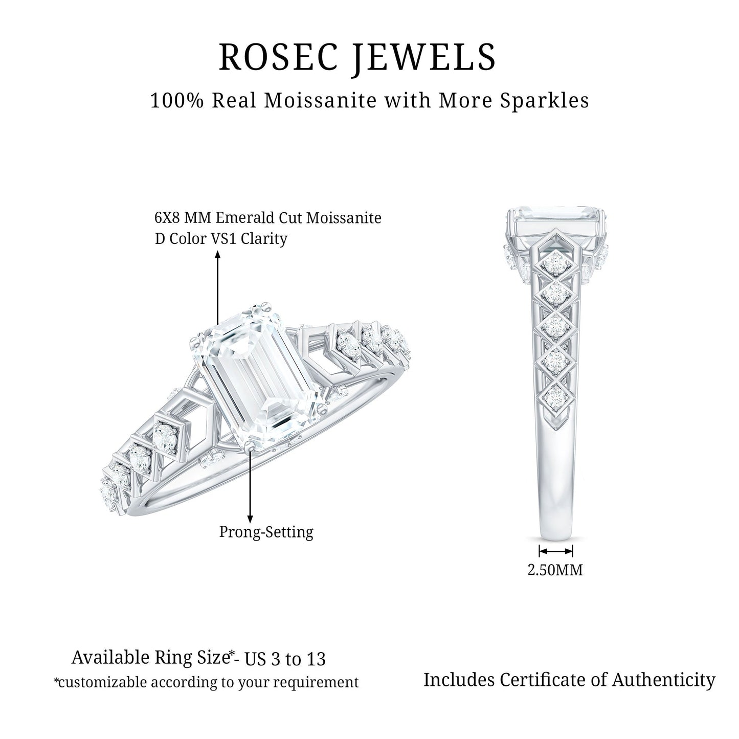 1.8 Carat Emerald Cut Moissanite Solitaire Engagement Ring with Side Stones