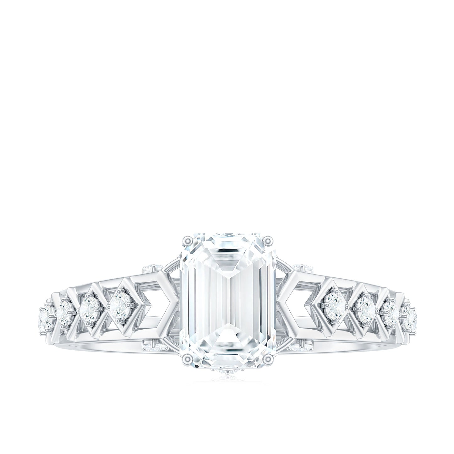 1.8 Carat Emerald Cut Moissanite Solitaire Engagement Ring with Side Stones