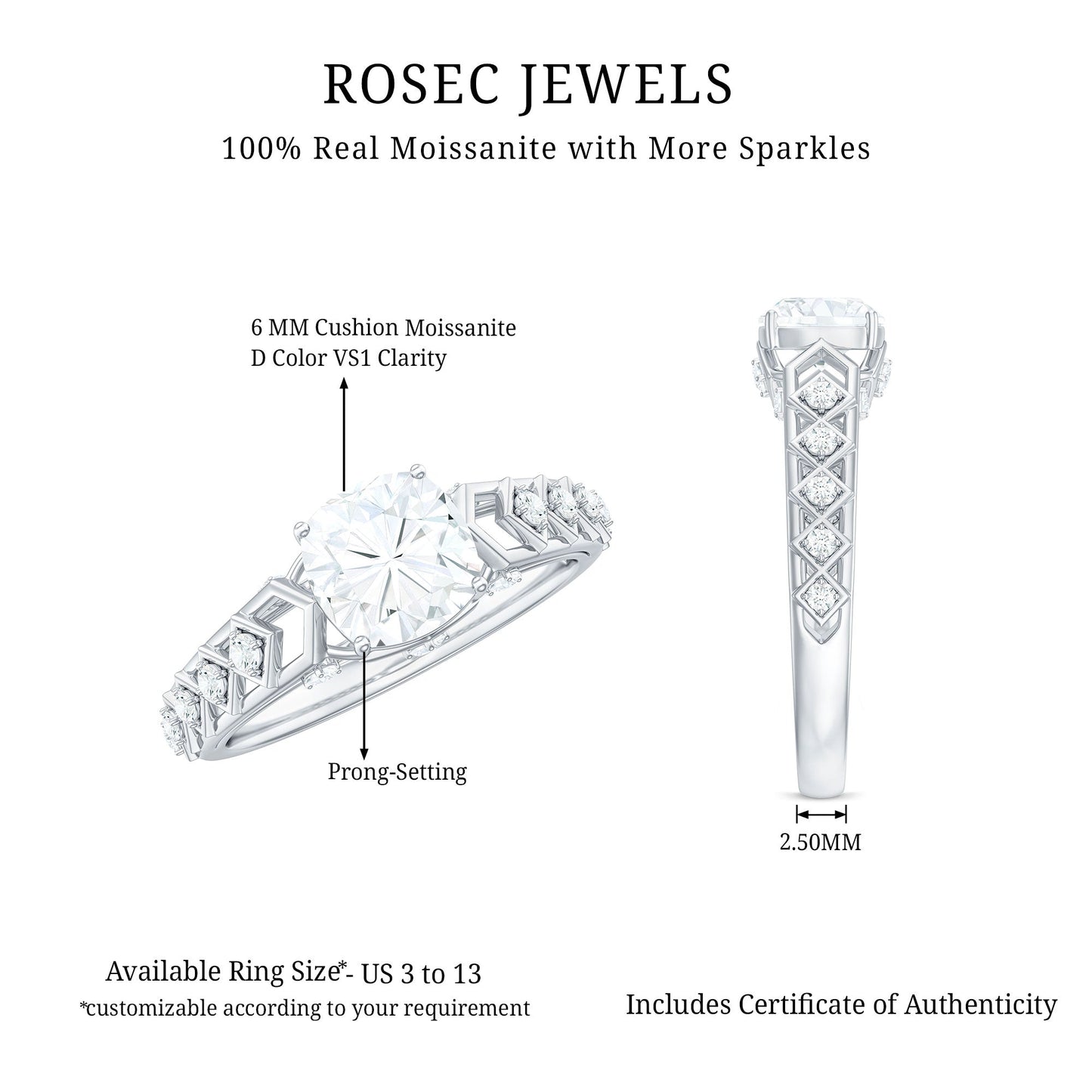 1.7 Carat Cushion Cut Certified Moissanite Solitaire Engagement Ring
