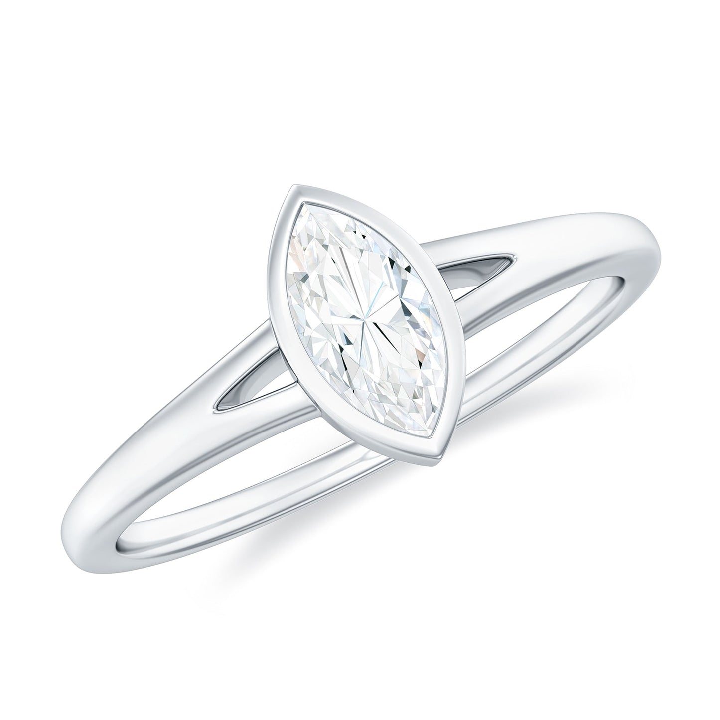Bezel Set Moissanite Marquise Engagement Ring in Split Shank