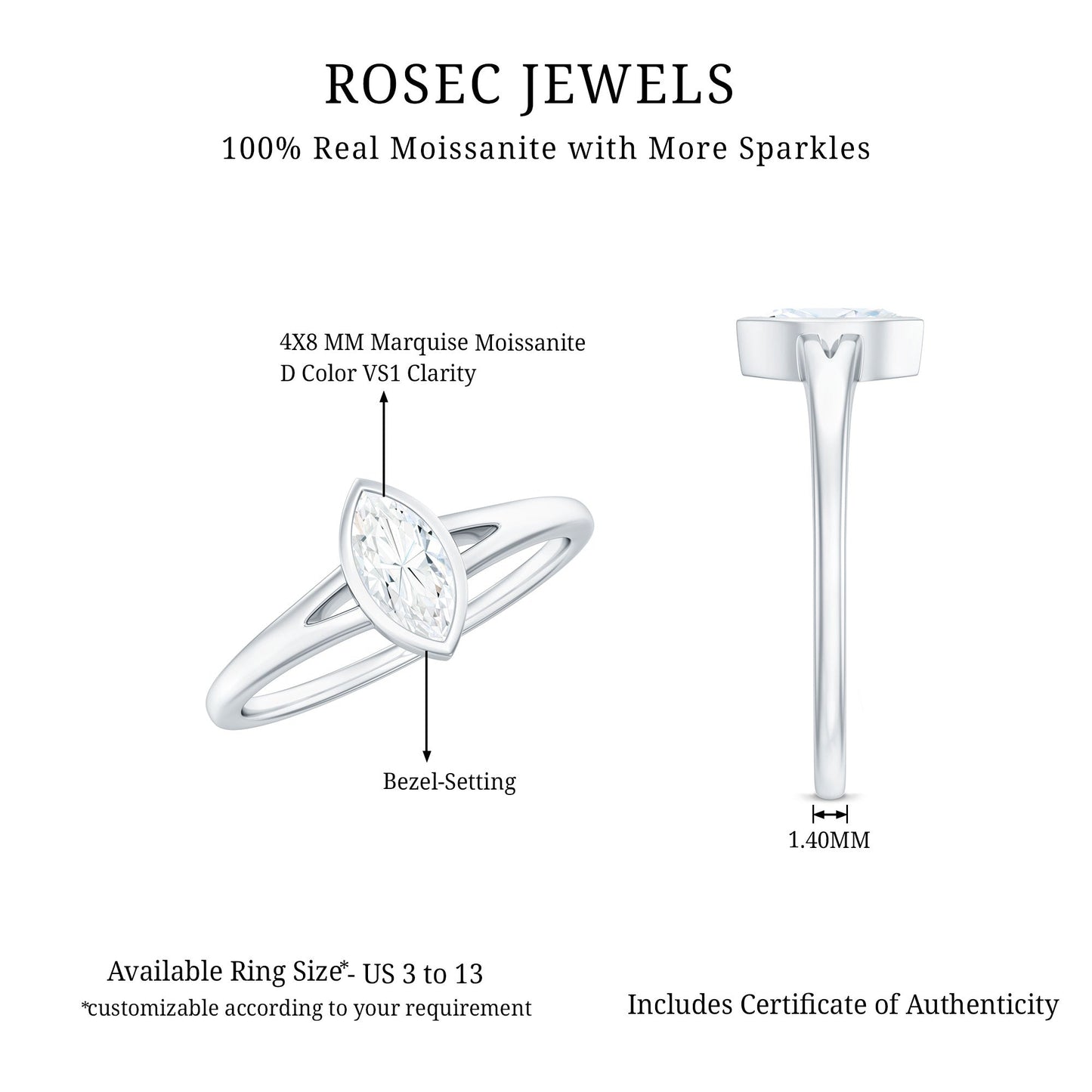 Bezel Set Moissanite Marquise Engagement Ring in Split Shank
