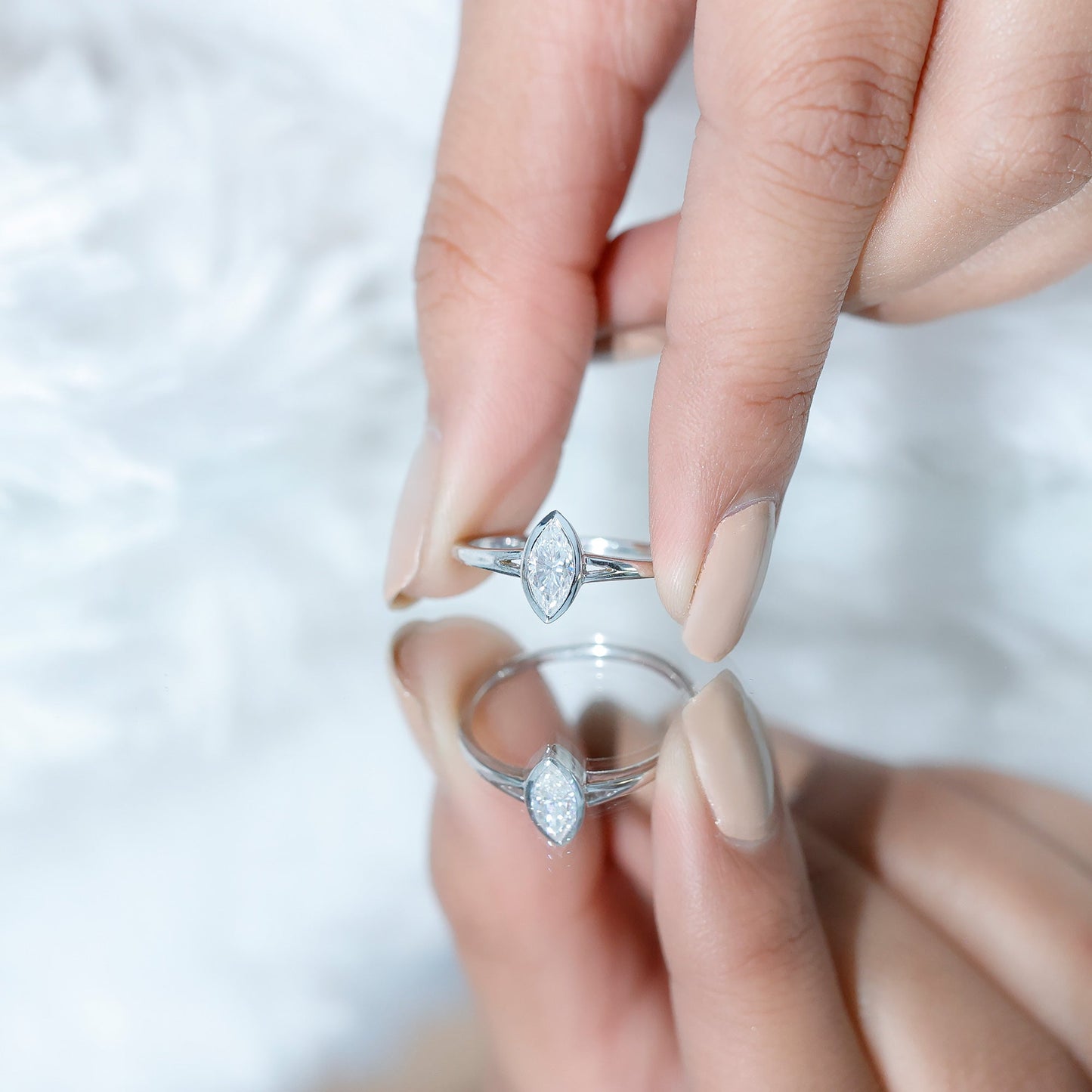 Bezel Set Moissanite Marquise Engagement Ring in Split Shank