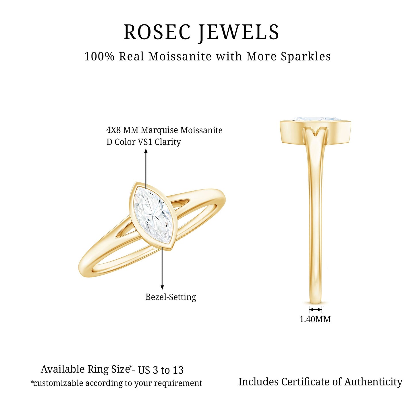 Bezel Set Moissanite Marquise Engagement Ring in Split Shank
