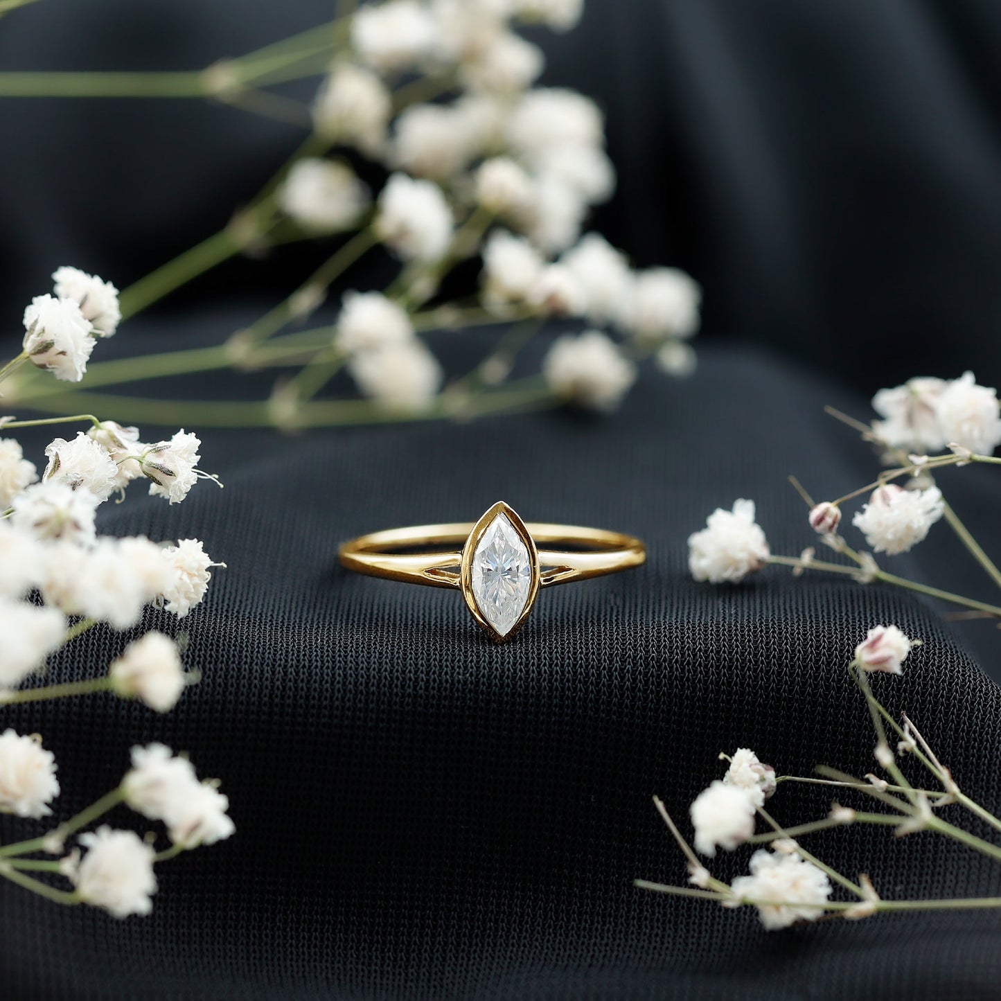 Bezel Set Moissanite Marquise Engagement Ring in Split Shank