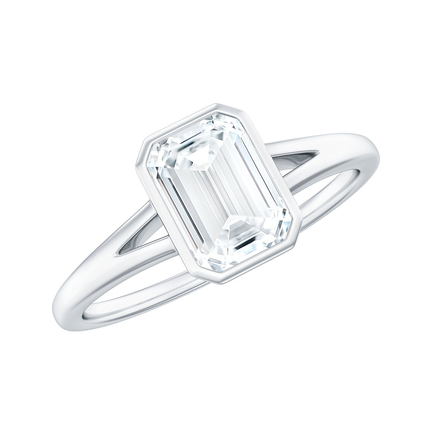 1.8 Carat Emerald Cut Moissanite Bezel Set Engagement Ring with Split Shank