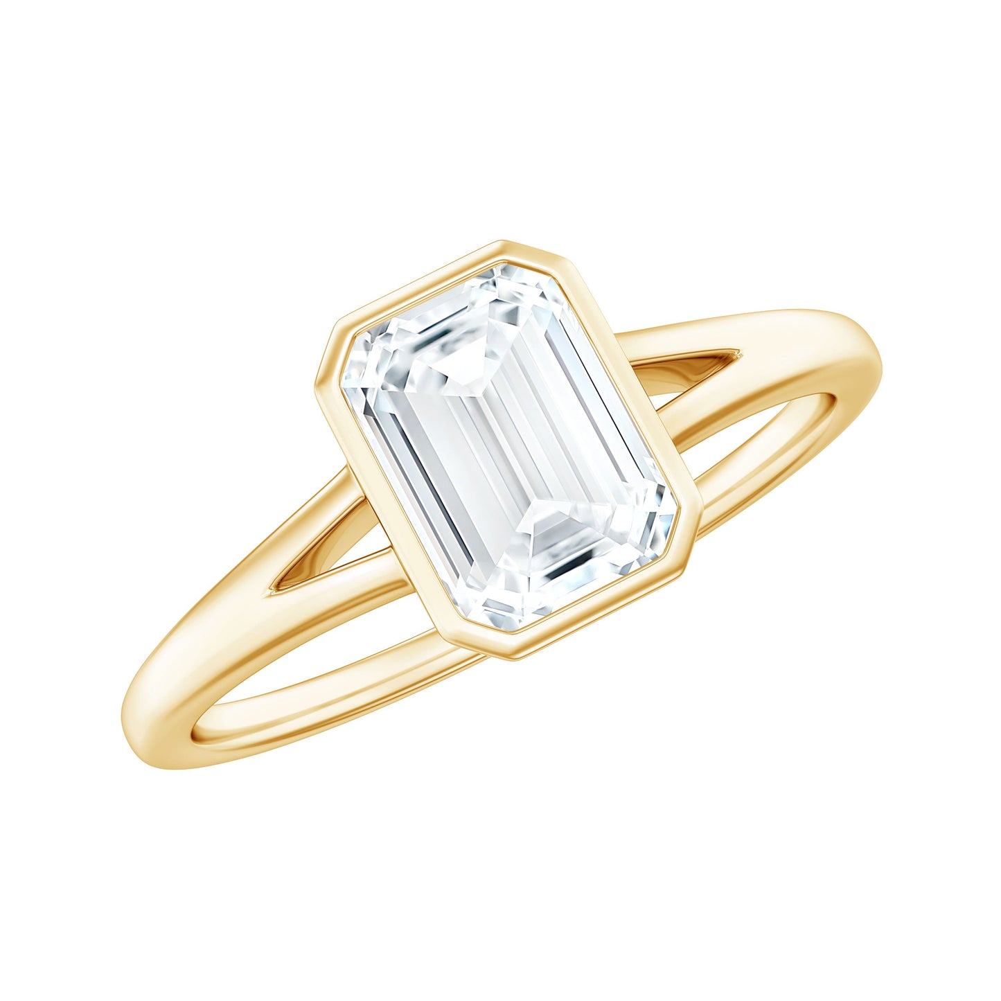 1.8 Carat Emerald Cut Moissanite Bezel Set Engagement Ring with Split Shank