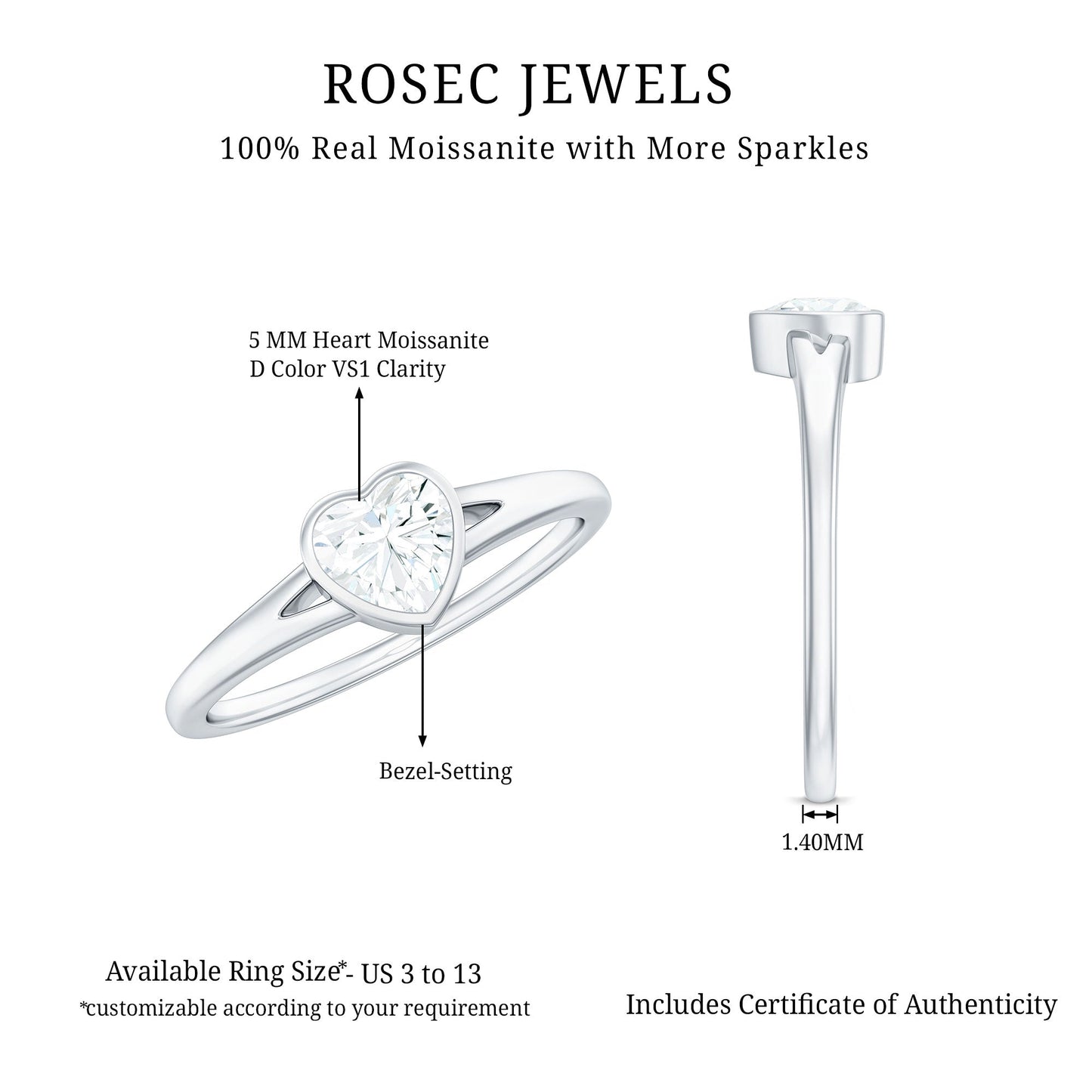 0.5 Carat Heart Shape Moissanite Solitaire Ring with Split Shank
