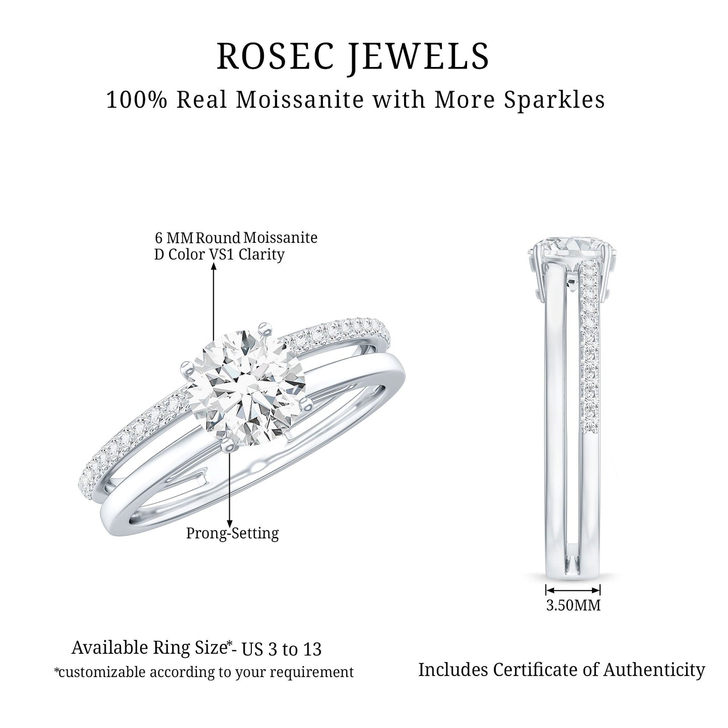 0.9 Carat Round Moissanite Double Band Engagement Ring