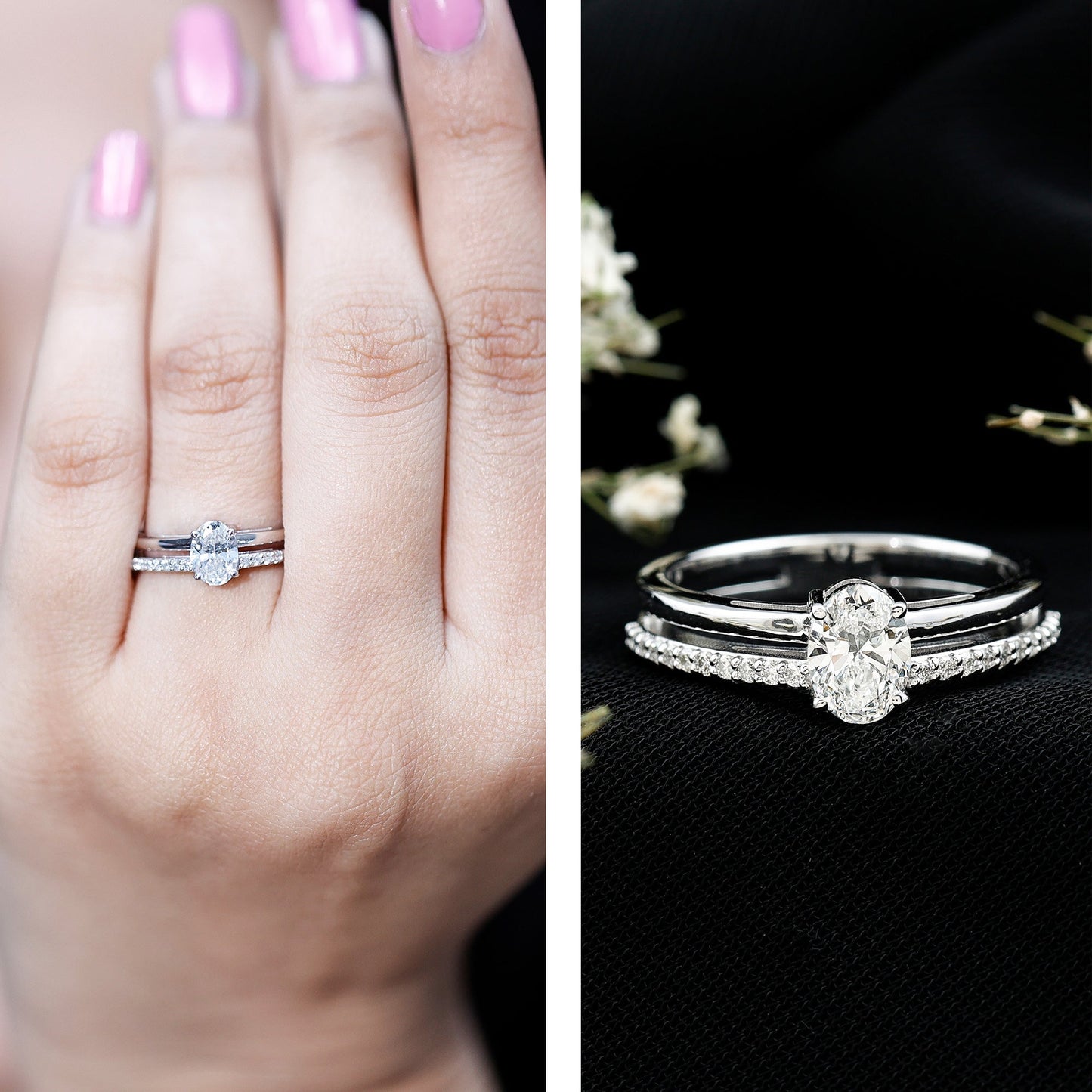 Oval Cut Solitaire Moissanite Double Band Engagement Ring