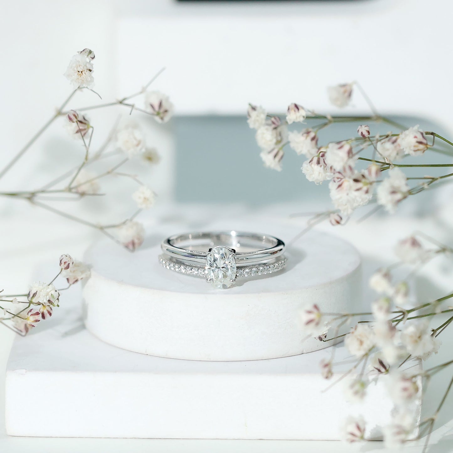 Oval Cut Solitaire Moissanite Double Band Engagement Ring