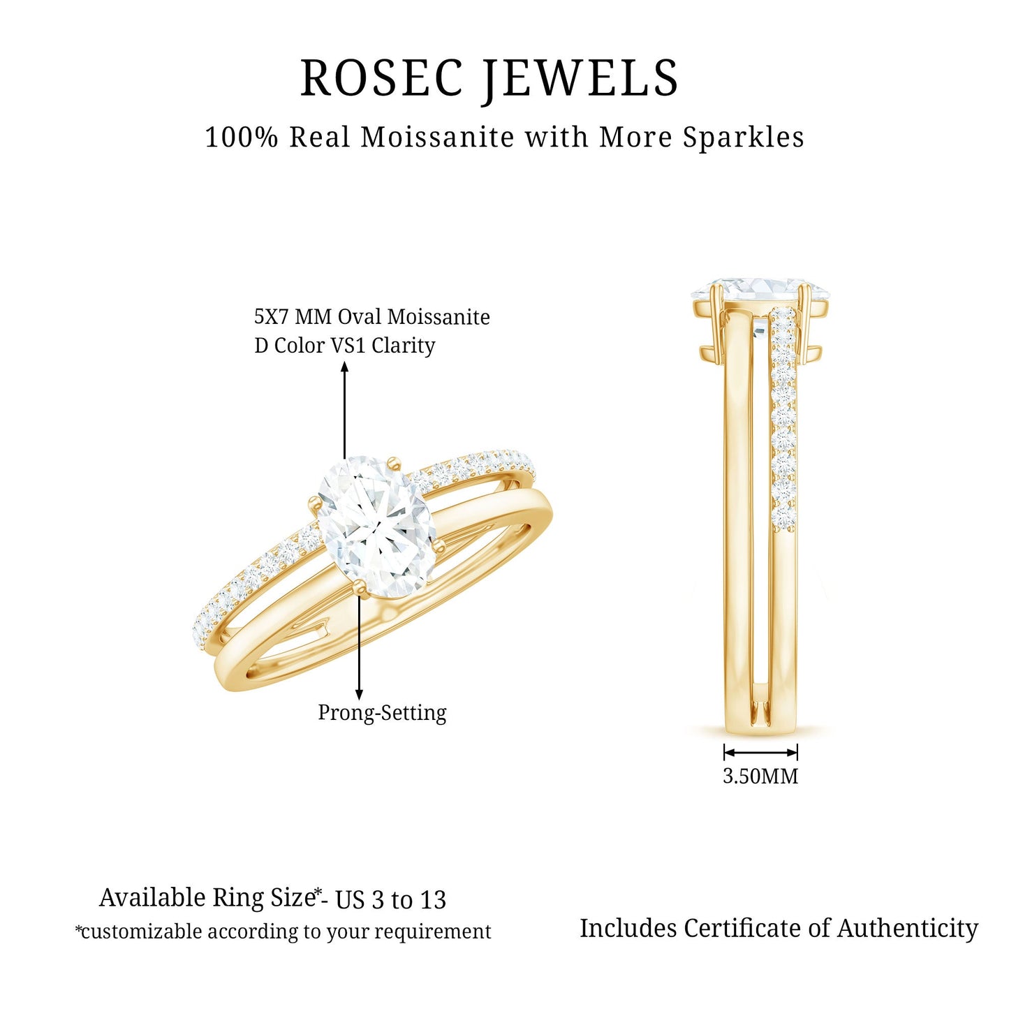 Oval Cut Solitaire Moissanite Double Band Engagement Ring