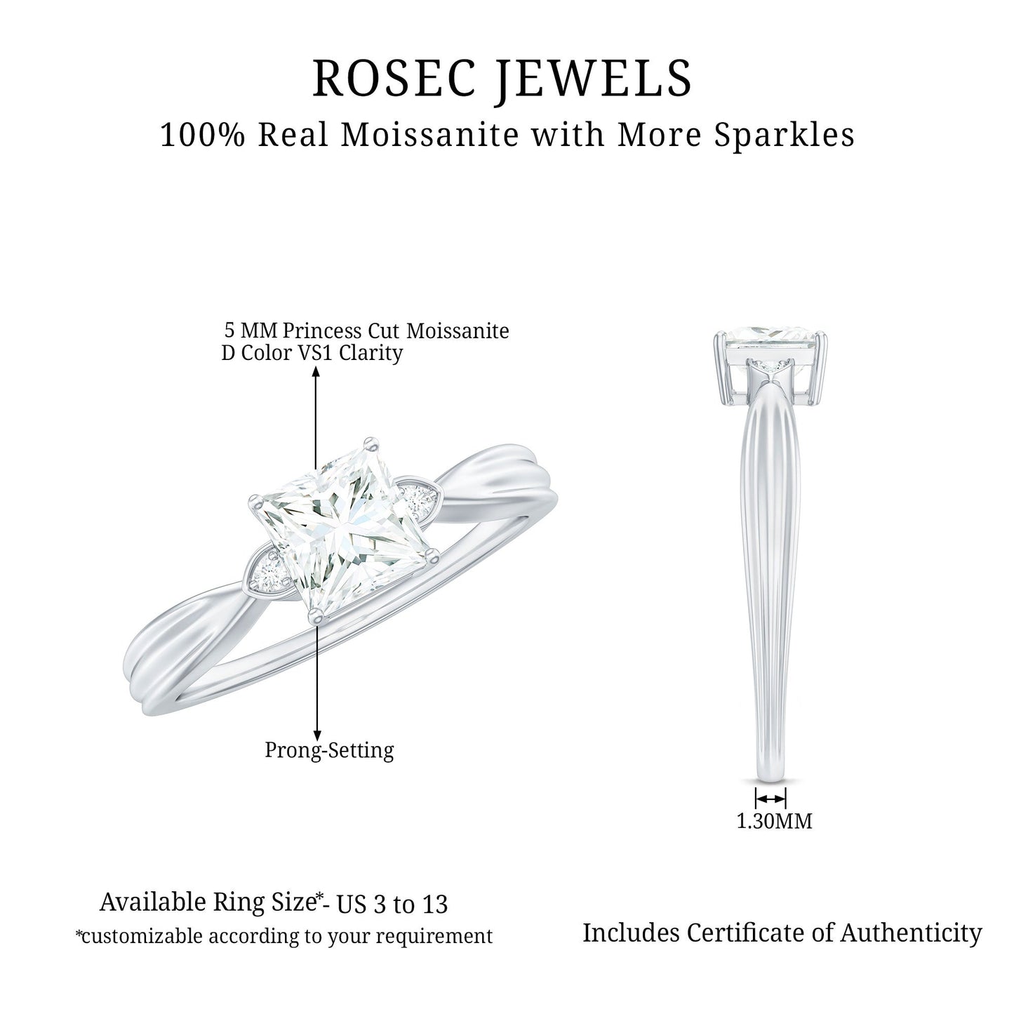0.7 Carat Princess Cut Moissanite Solitaire Promise Ring for Her