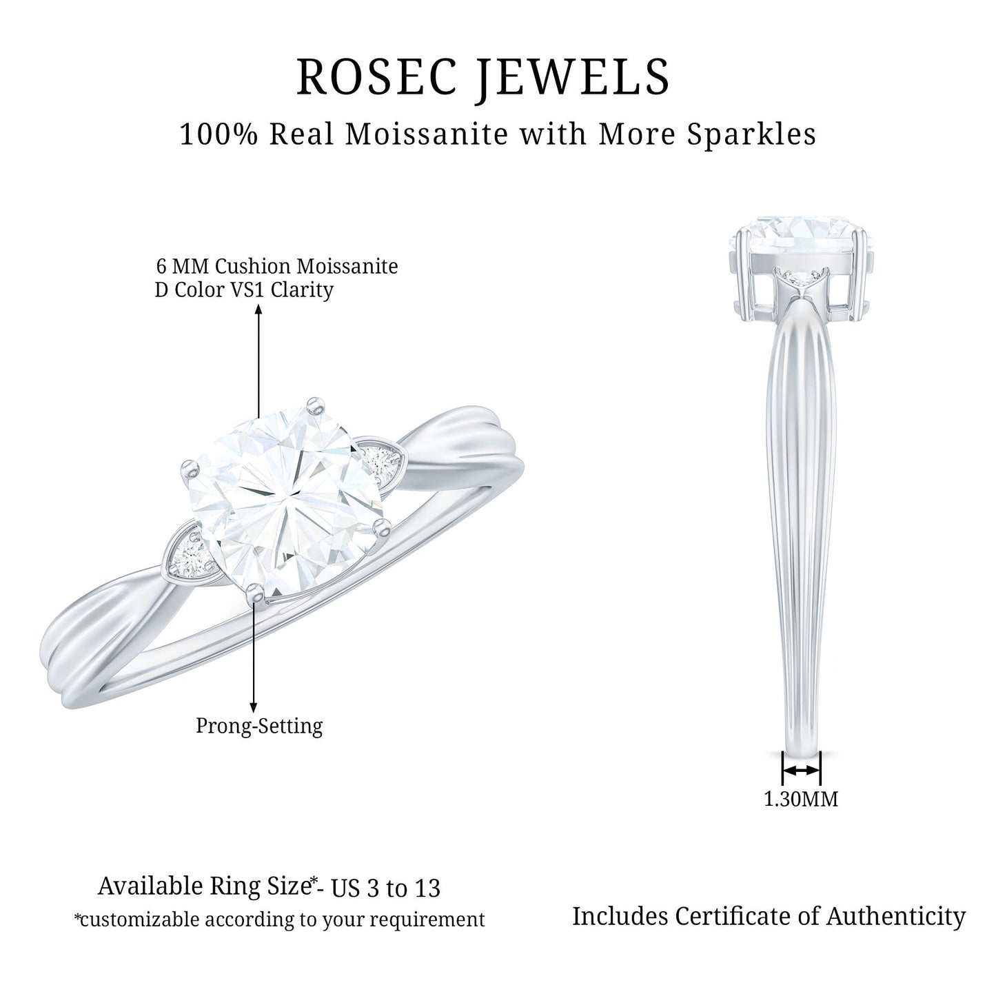 Brilliant Cut 1.7 Carat Moissanite Cushion Engagement Ring