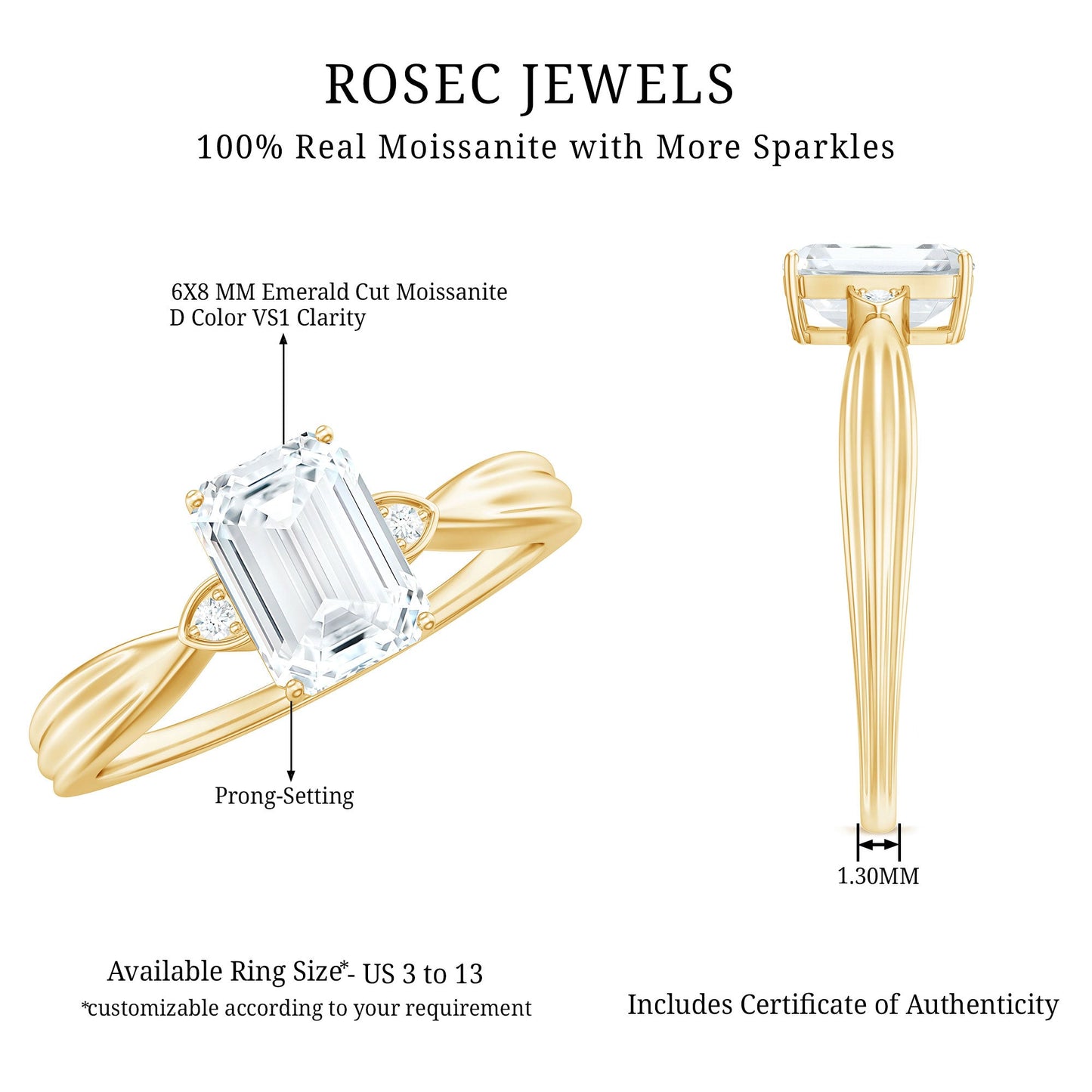 1.8 Carat Emerald Cut Certified Moissanite Engagement Ring for Women