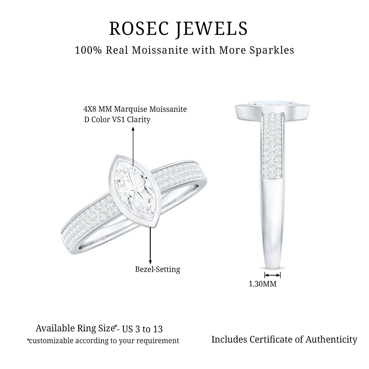 0.7 Carat Marquise Cut Moissanite Engagement Ring in Bezel Setting