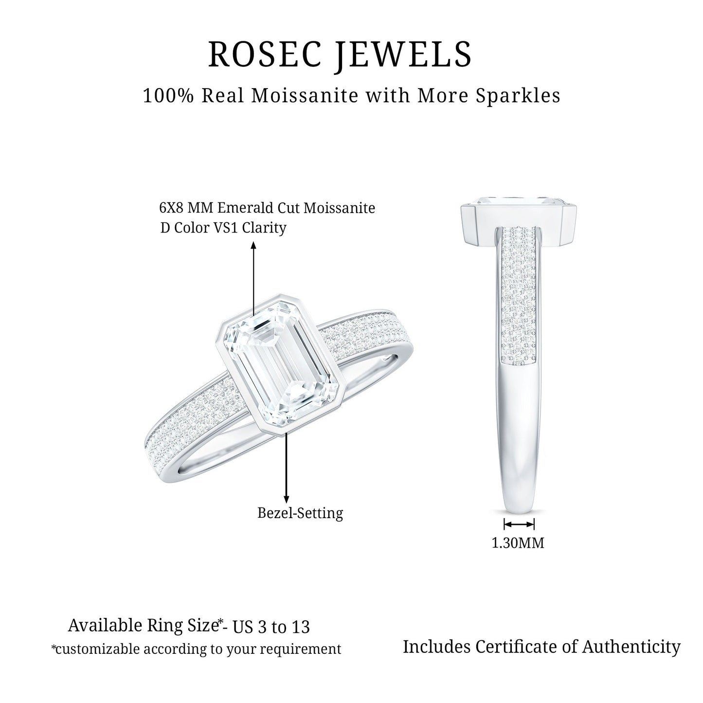 1.8 Carat Emerald Cut Moissanite Bezel Set Engagement Ring with Side Stones