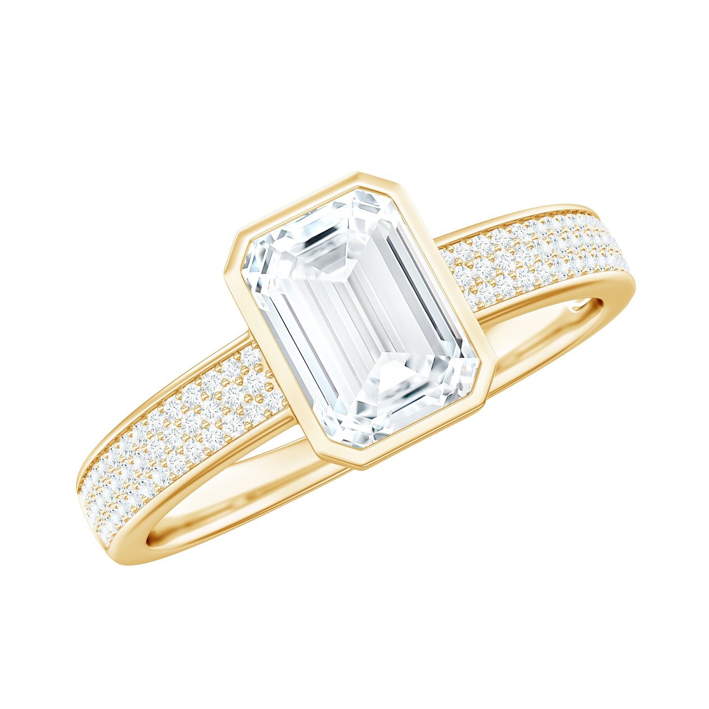 1.8 Carat Emerald Cut Moissanite Bezel Set Engagement Ring with Side Stones