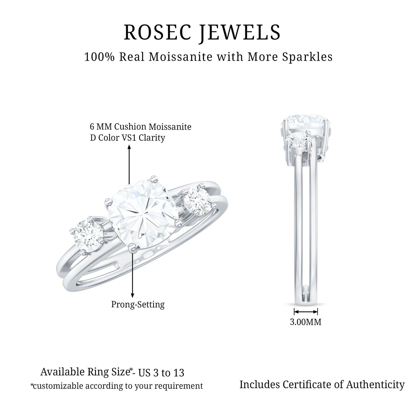 Certified Moissanite Solitaire Double Band Engagement Ring