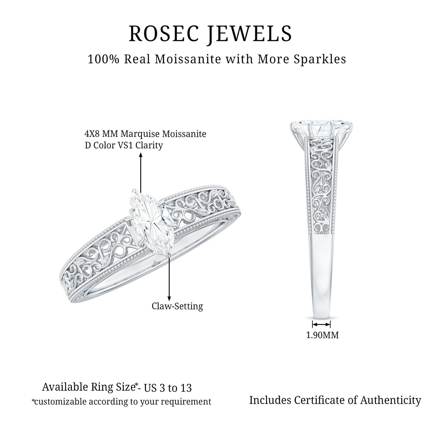 0.7 Carat Marquise Cut Certified Moissanite Solitaire Engagement Ring