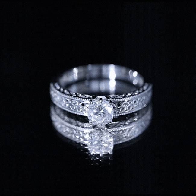 Cushion Cut Solitaire Moissanite Engagement Ring with Filigree Detail