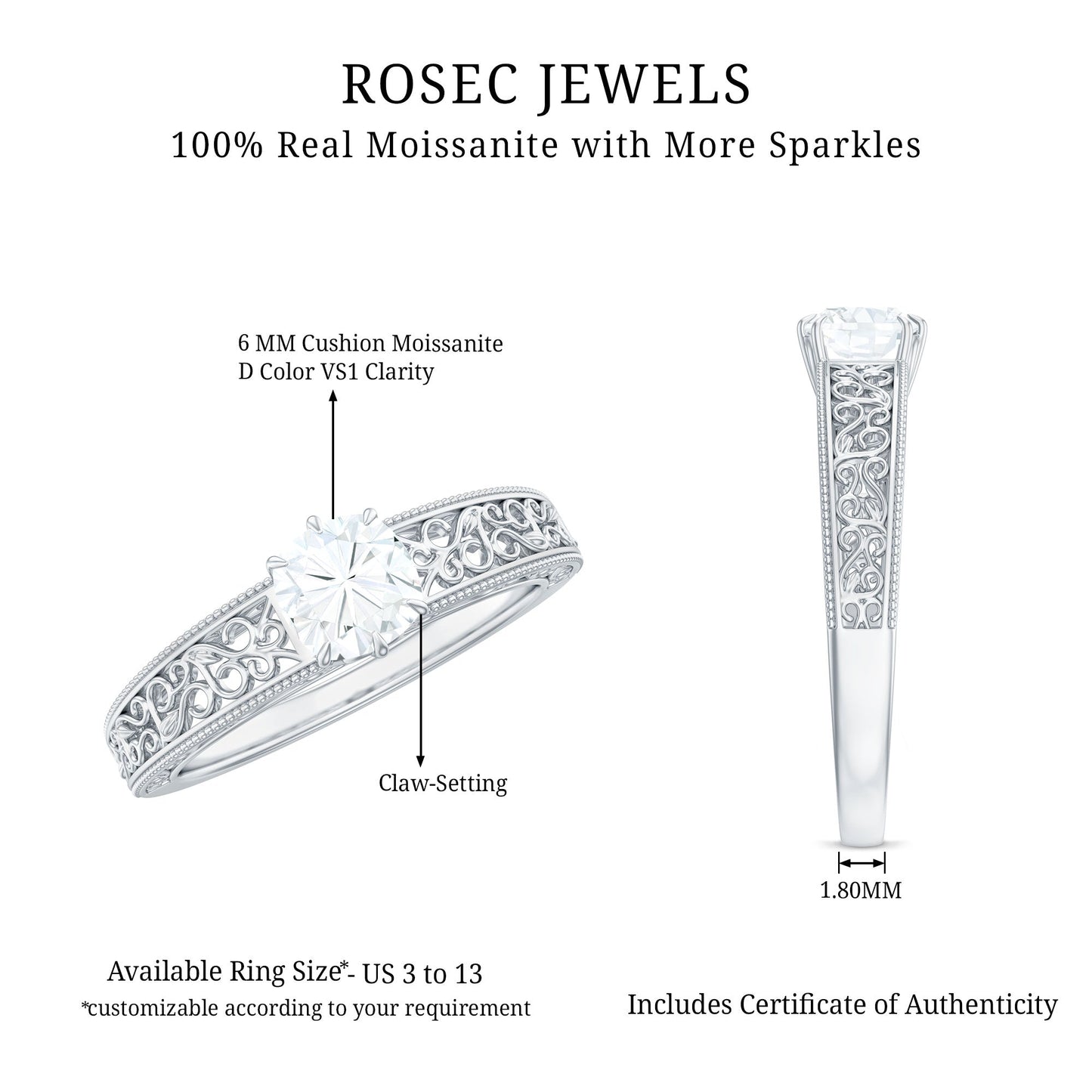 Cushion Cut Solitaire Moissanite Engagement Ring with Filigree Detail