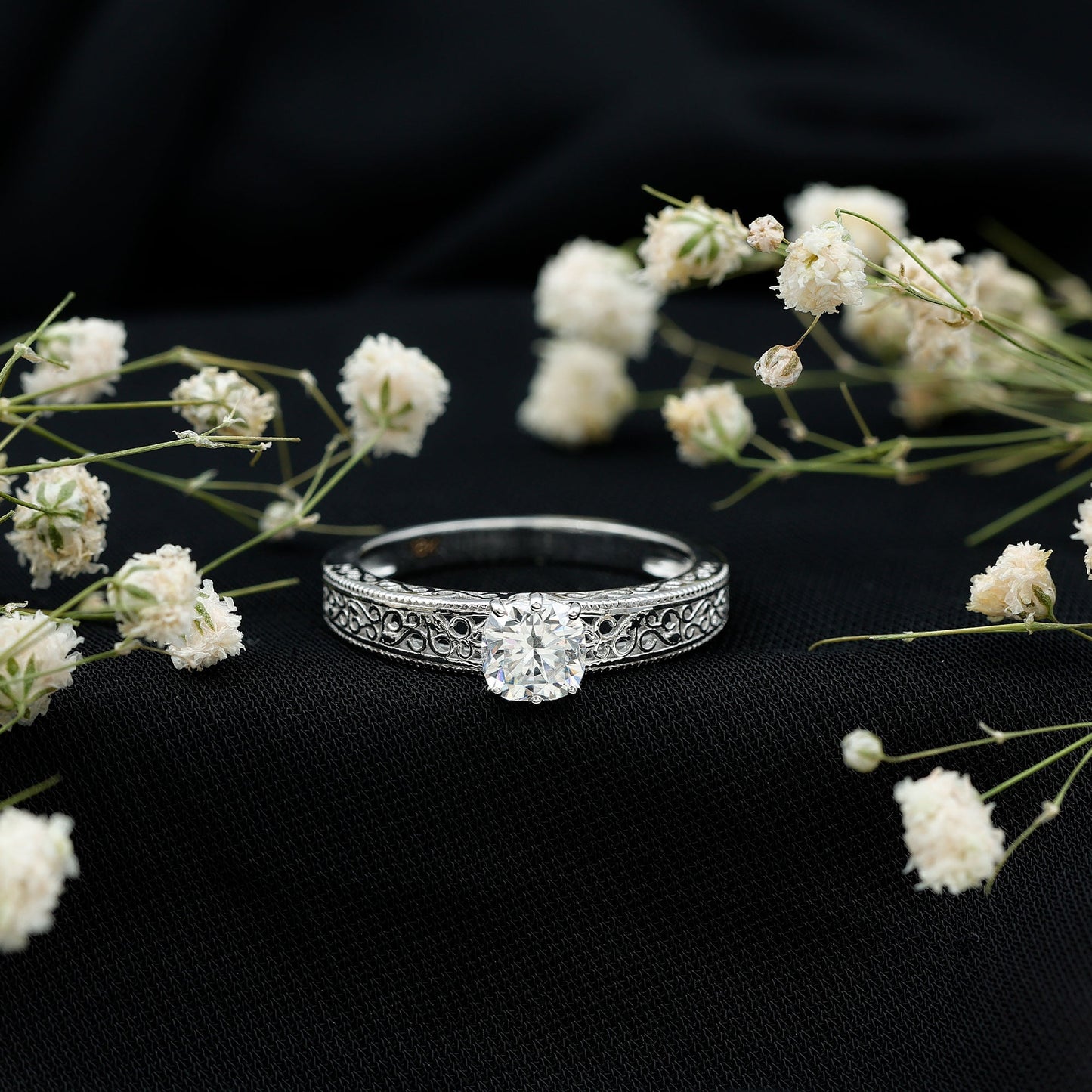 Cushion Cut Solitaire Moissanite Engagement Ring with Filigree Detail