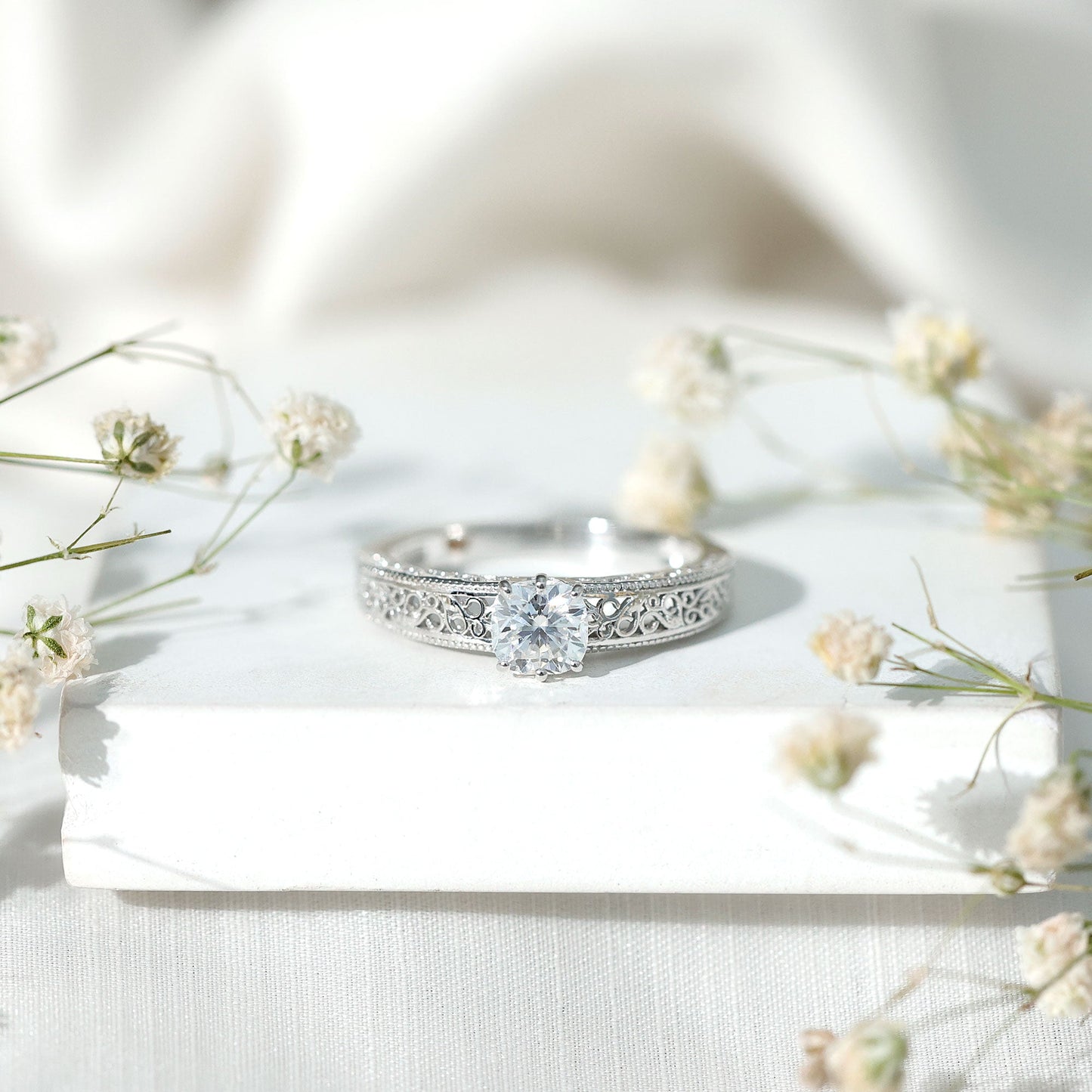 Cushion Cut Solitaire Moissanite Engagement Ring with Filigree Detail