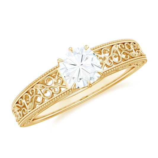 Cushion Cut Solitaire Moissanite Engagement Ring with Filigree Detail