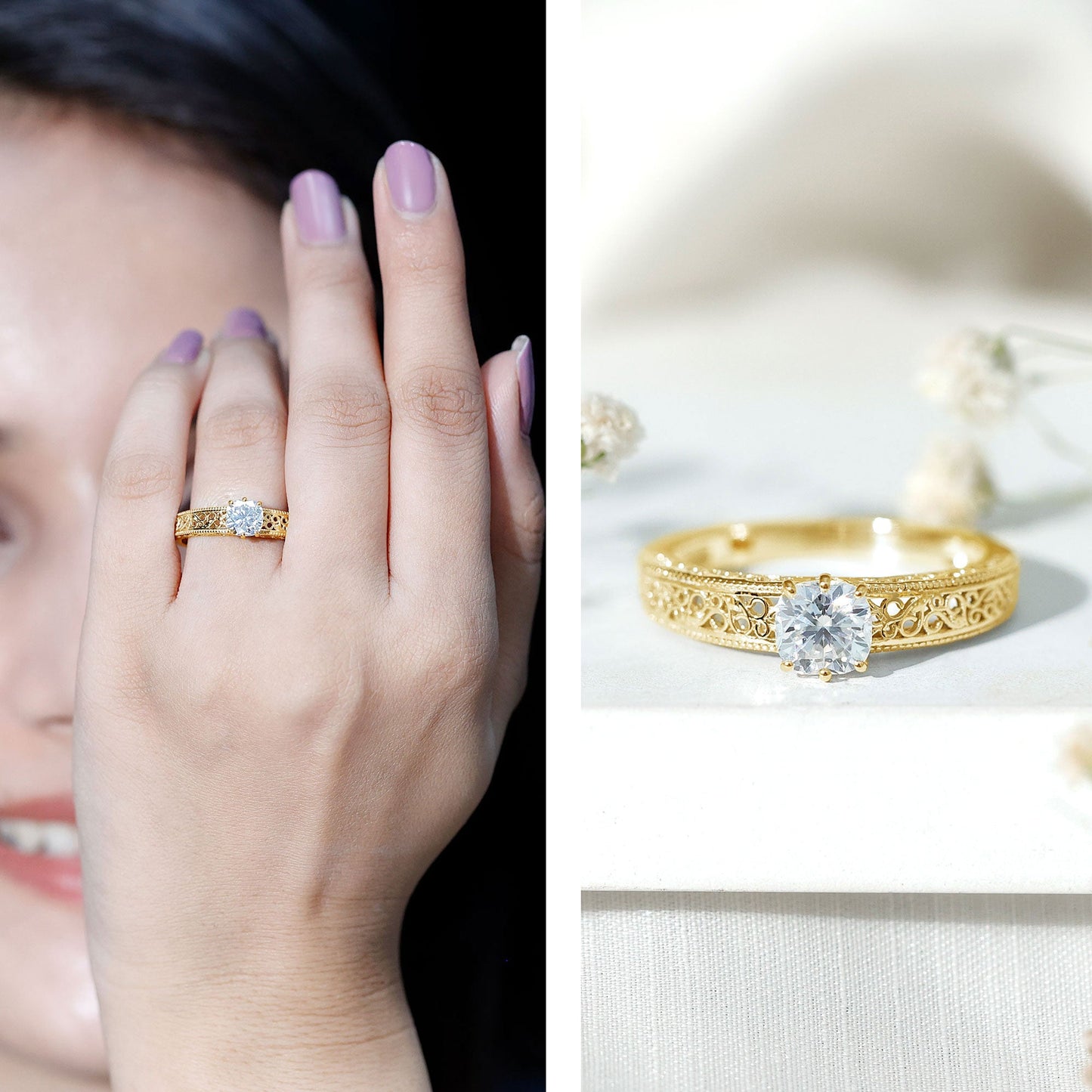 Cushion Cut Solitaire Moissanite Engagement Ring with Filigree Detail