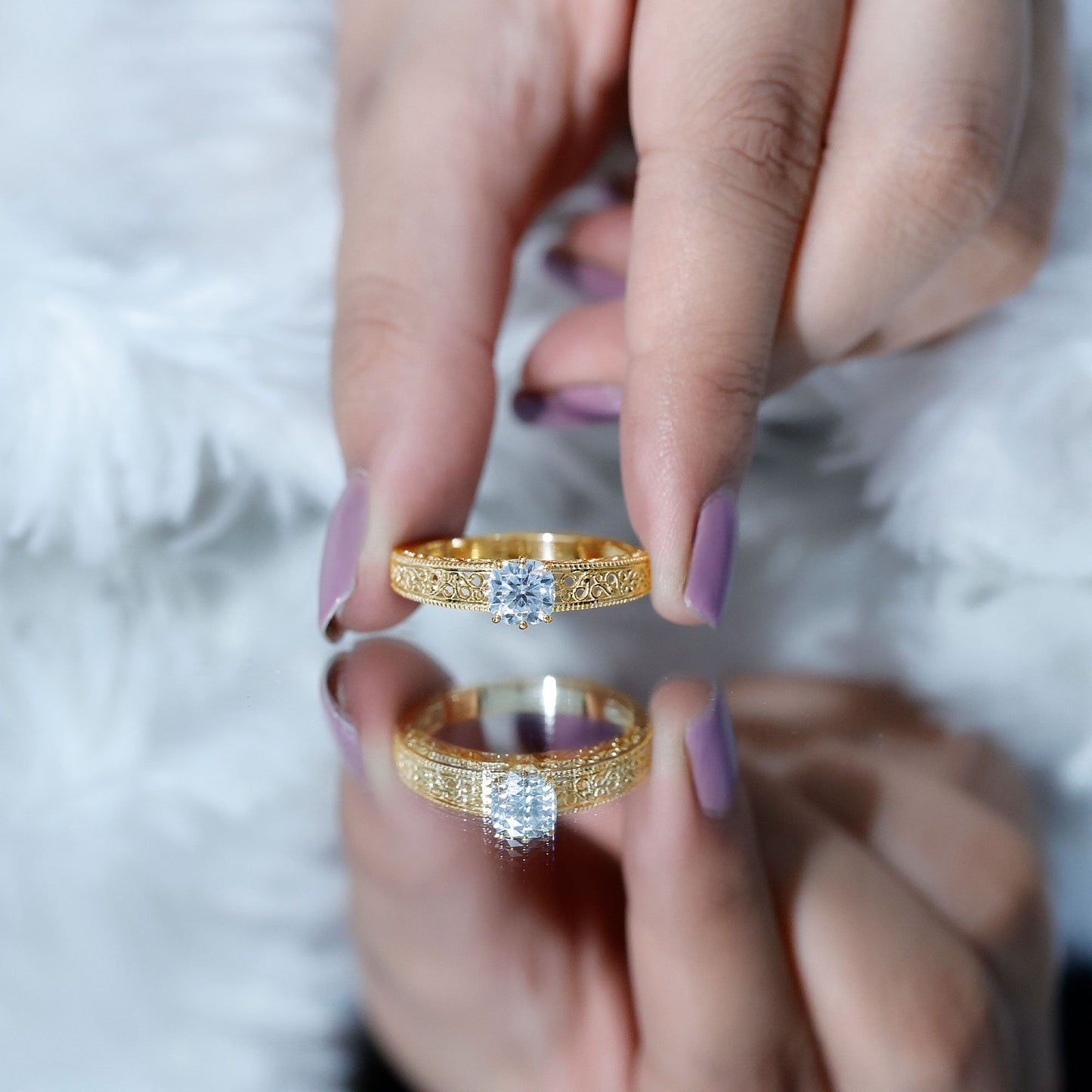 Cushion Cut Solitaire Moissanite Engagement Ring with Filigree Detail