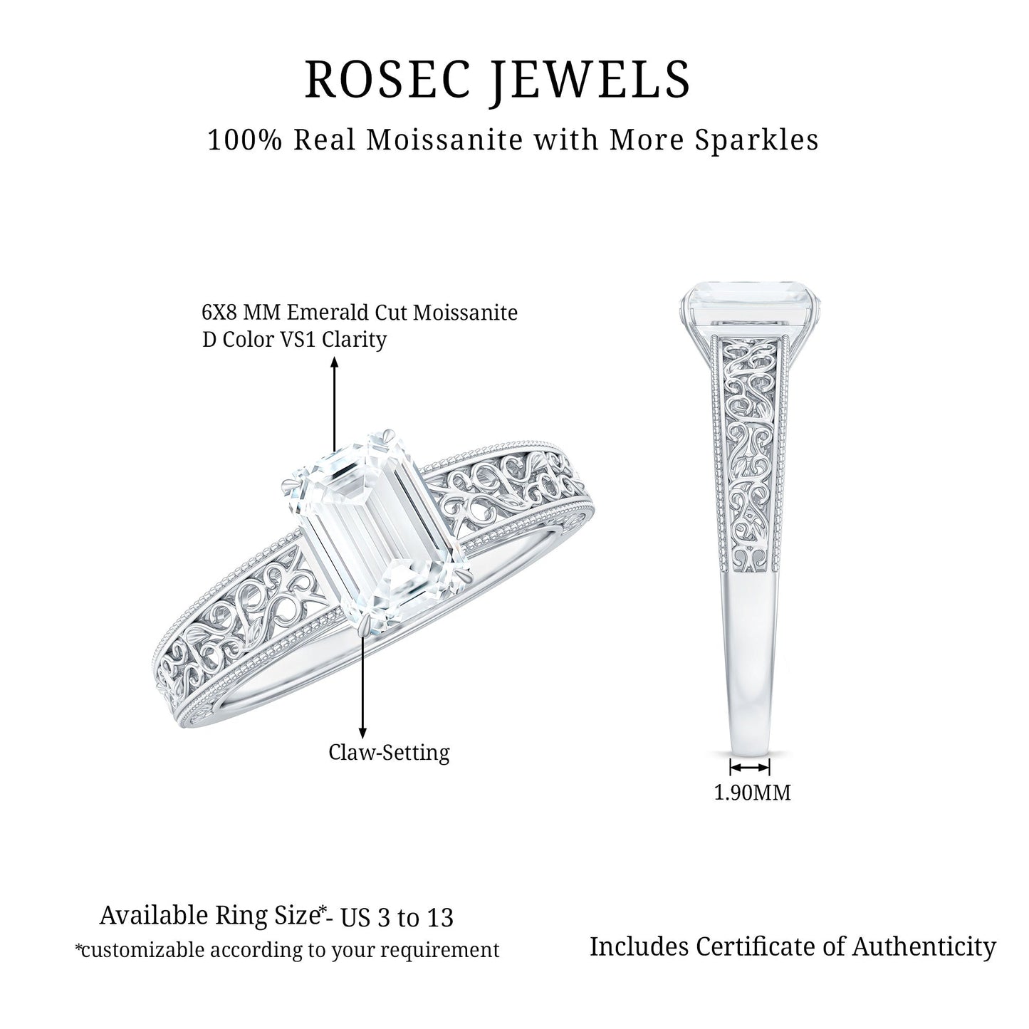 Certified Emerald Cut Moissanite Filigree Engagement Ring for Women