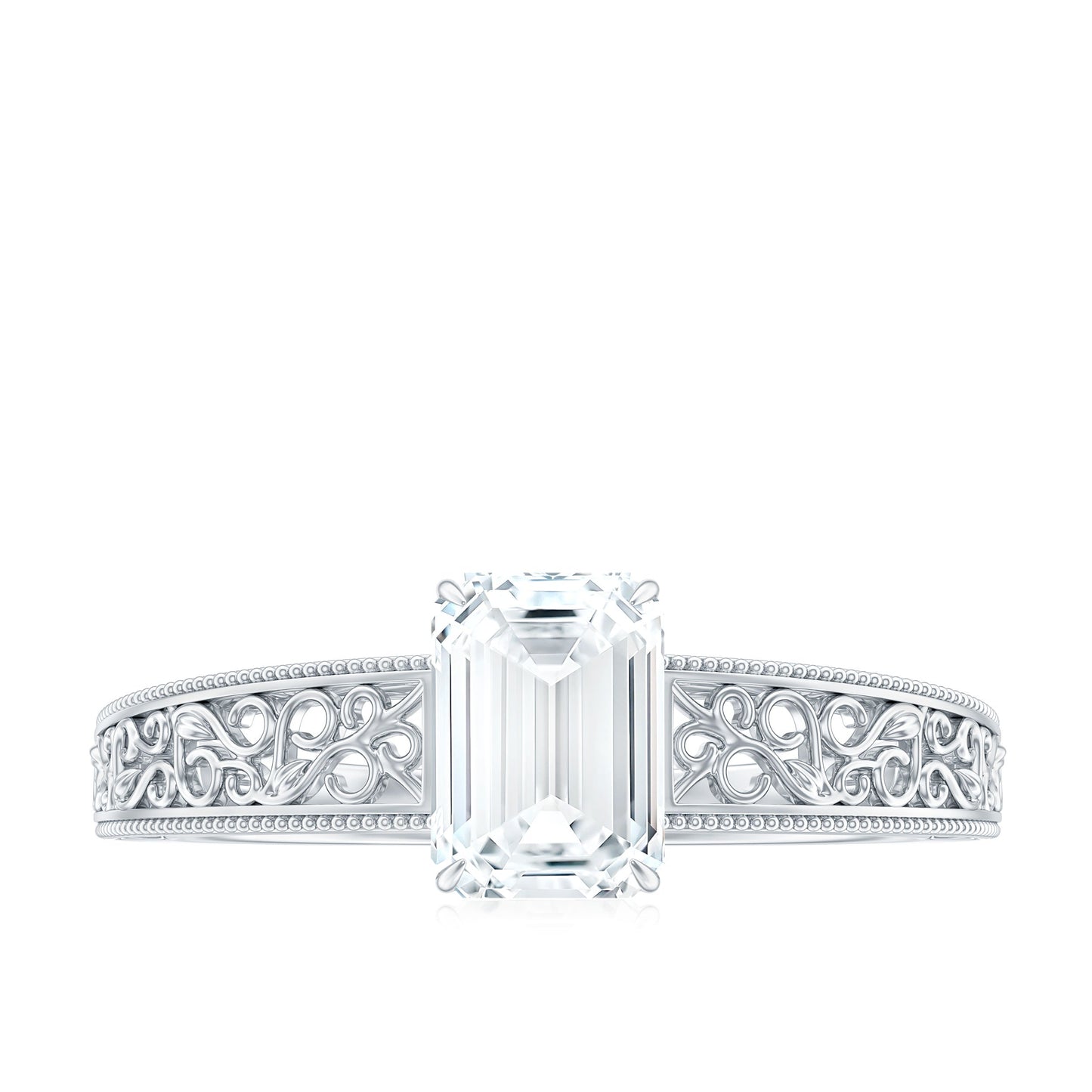 Certified Emerald Cut Moissanite Filigree Engagement Ring for Women