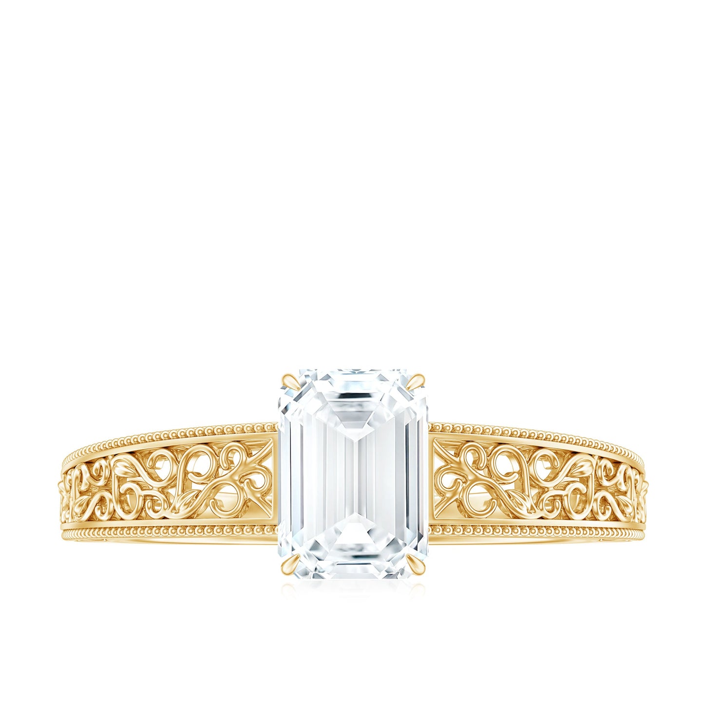 Certified Emerald Cut Moissanite Filigree Engagement Ring for Women