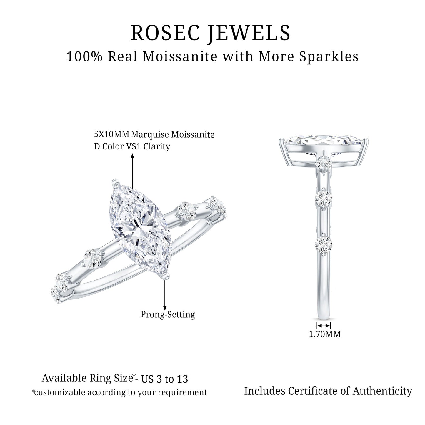 Large Marquise Cut Moissanite Solitaire Engagement Ring
