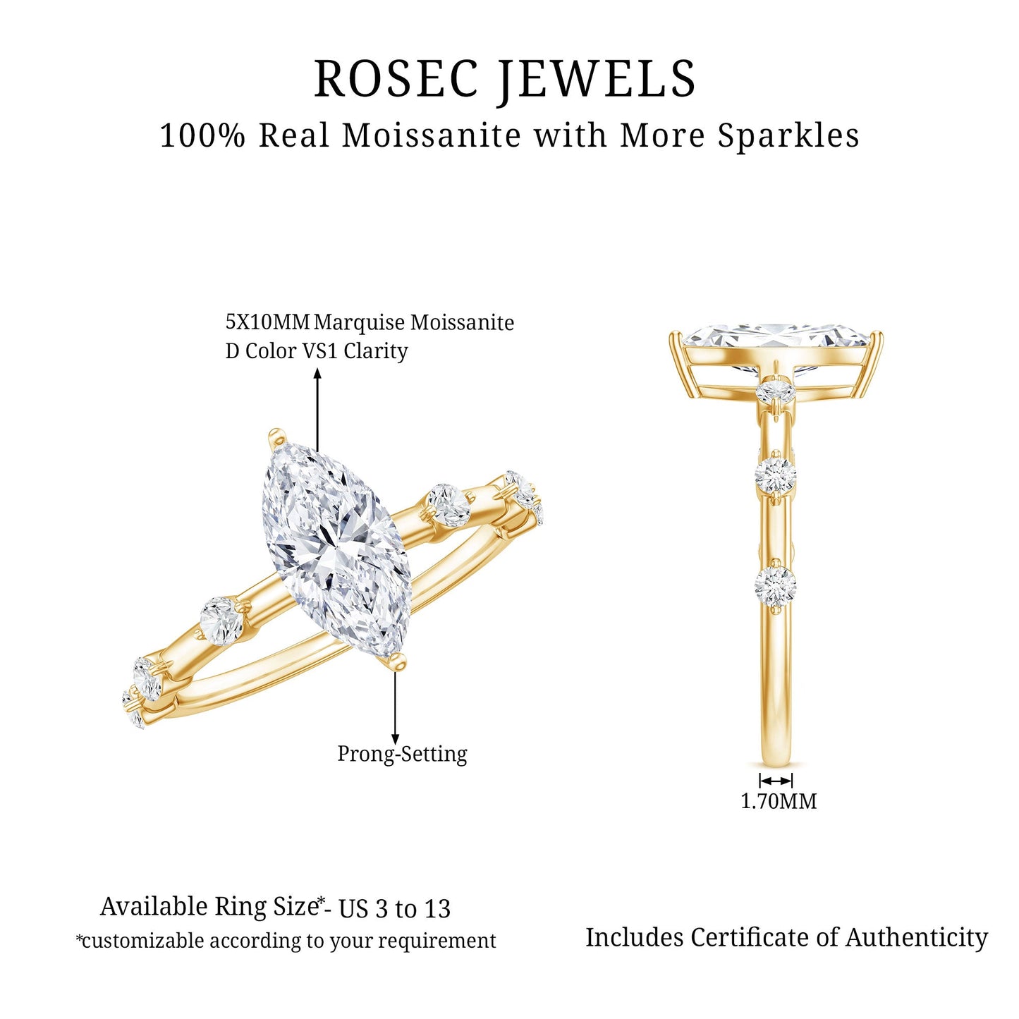 Large Marquise Cut Moissanite Solitaire Engagement Ring