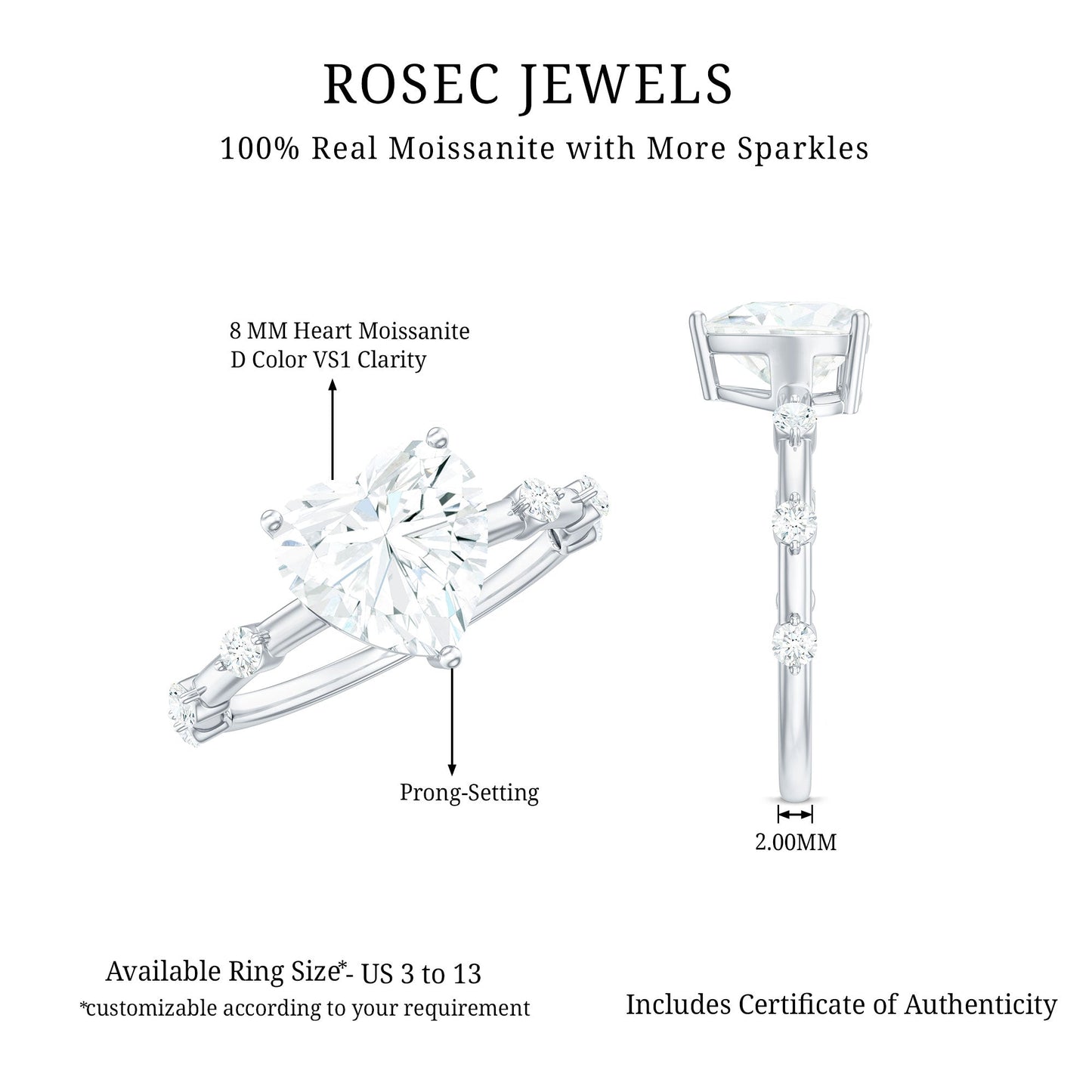 2 Carat Heart Shaped Moissanite Engagement Ring for Women