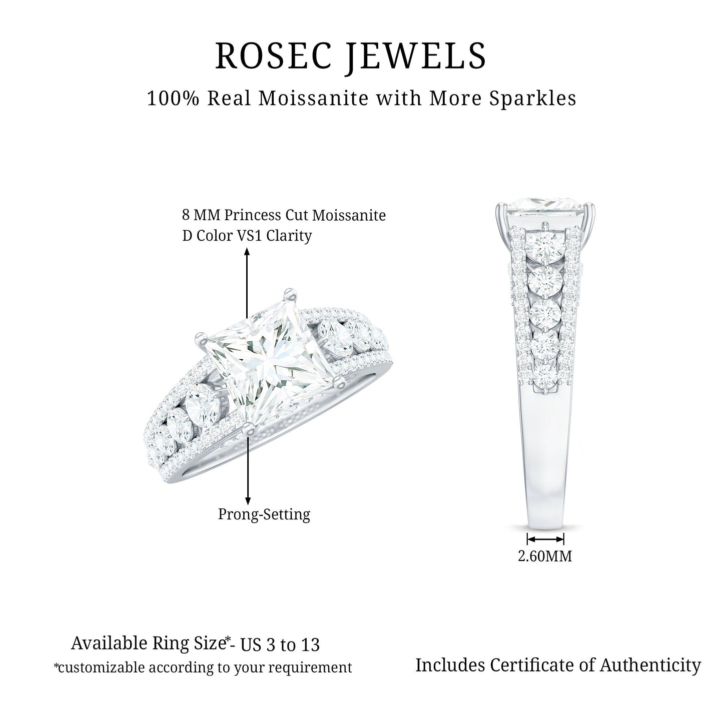 Princess Cut Moissanite Engagement Ring with Side Stones