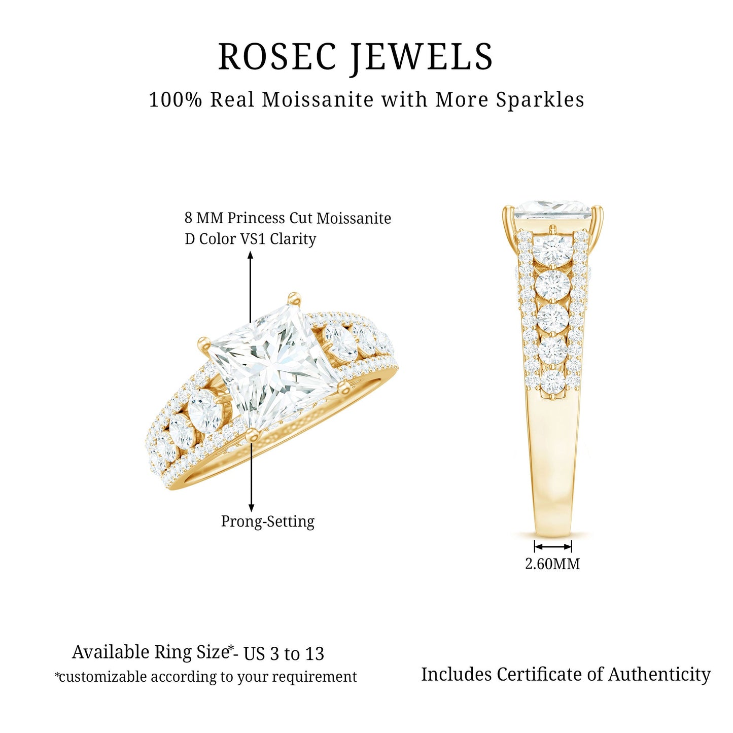 Princess Cut Moissanite Engagement Ring with Side Stones
