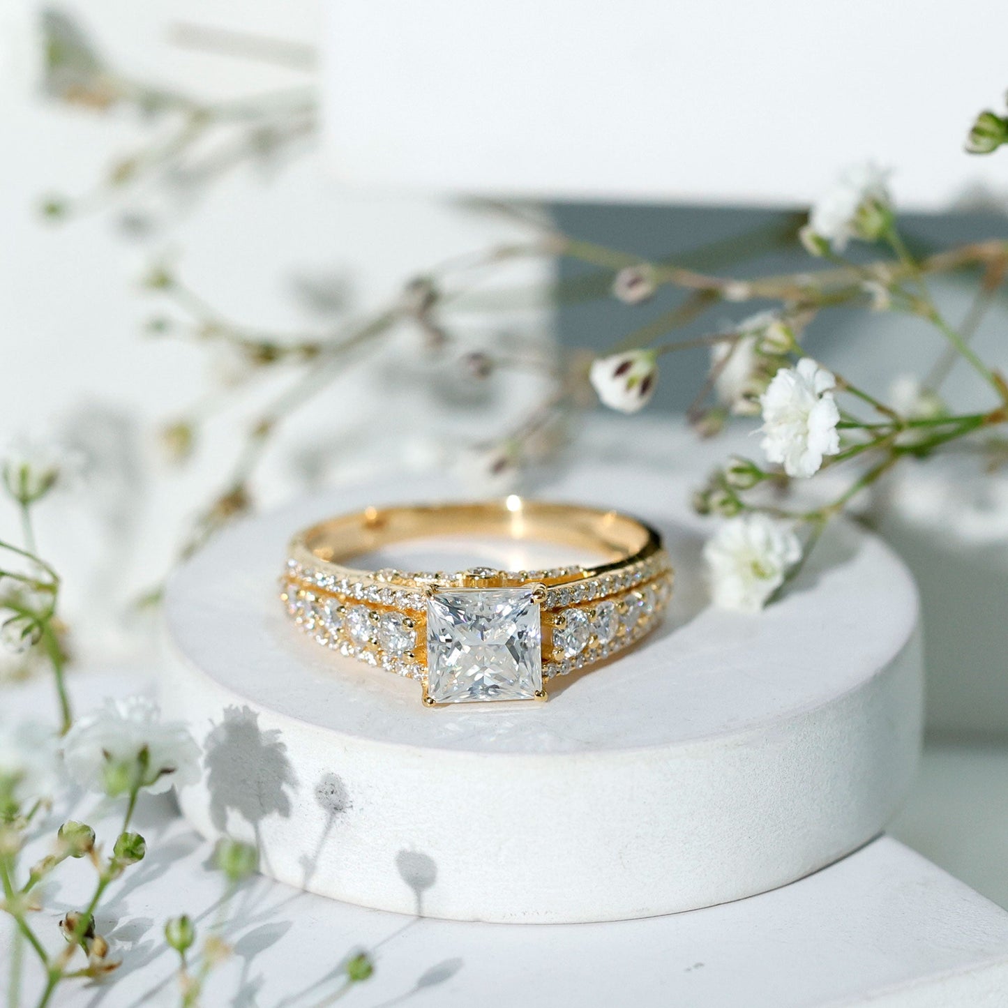 Princess Cut Moissanite Engagement Ring with Side Stones