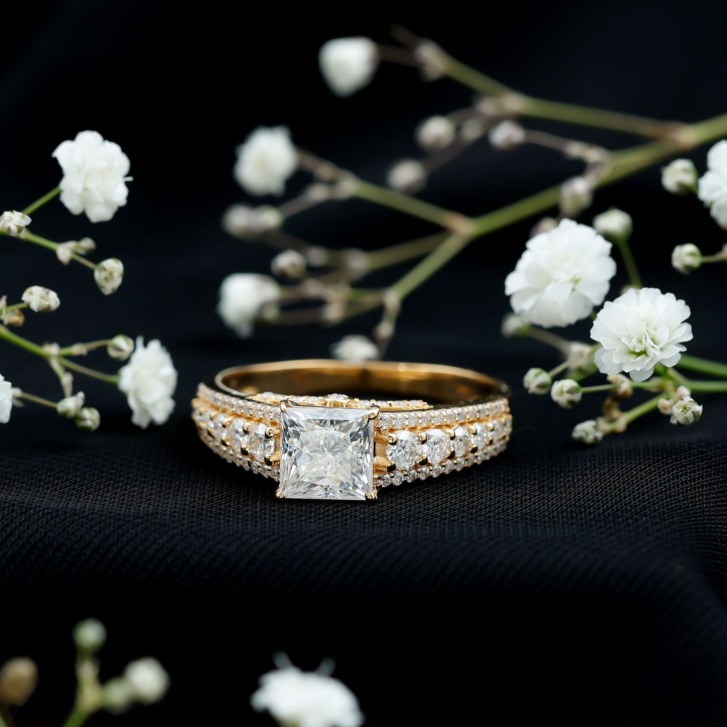 Princess Cut Moissanite Engagement Ring with Side Stones